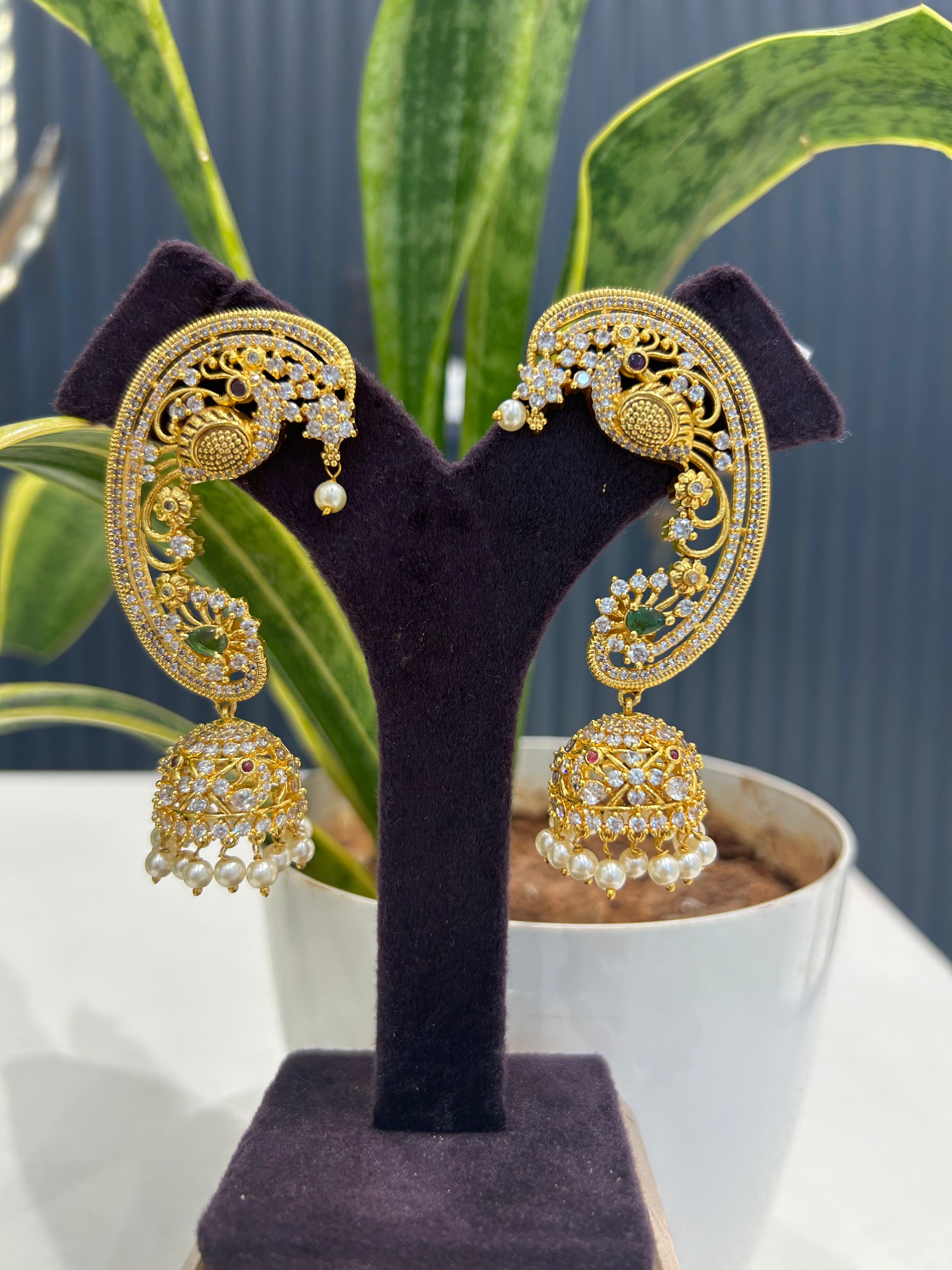 Beautiful peacock desing ,CZ stones earcuffs with pushback