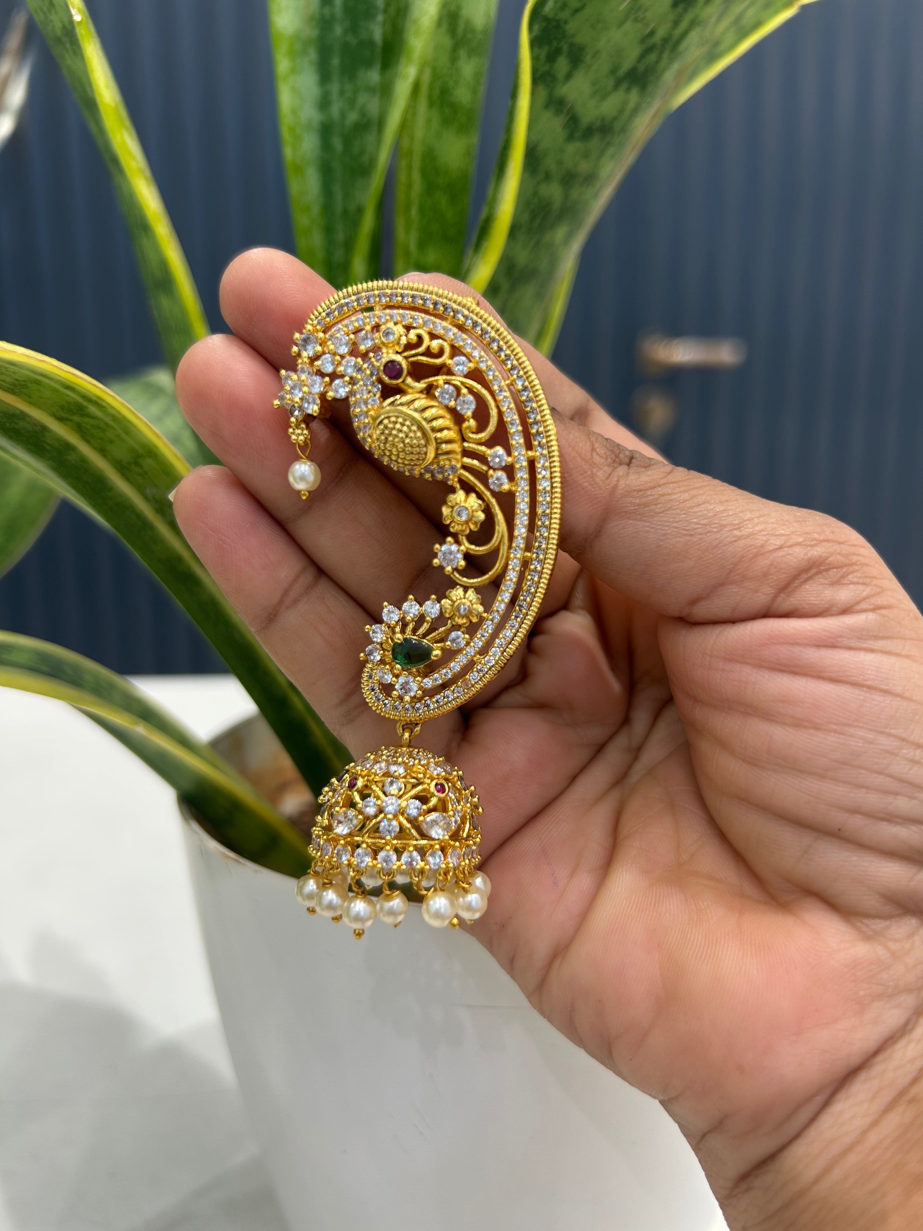 Beautiful peacock desing ,CZ stones earcuffs with pushback