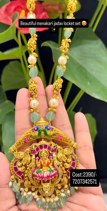 Beautiful jadau kundhan Lakshmi Devi pendant with beads & nakshi balls mala 18 inchs long