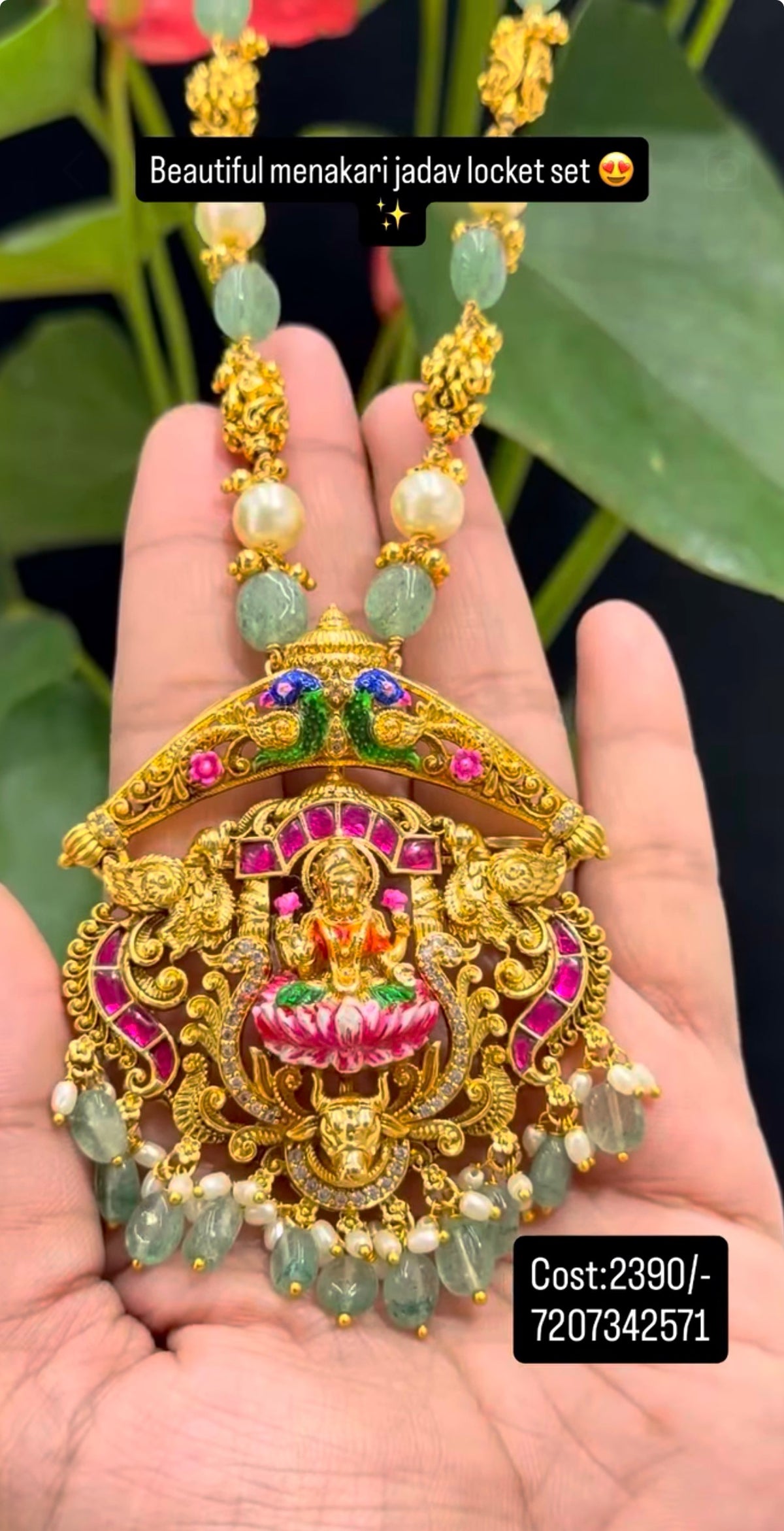 Beautiful jadau kundhan Lakshmi Devi pendant with beads & nakshi balls mala 18 inchs long