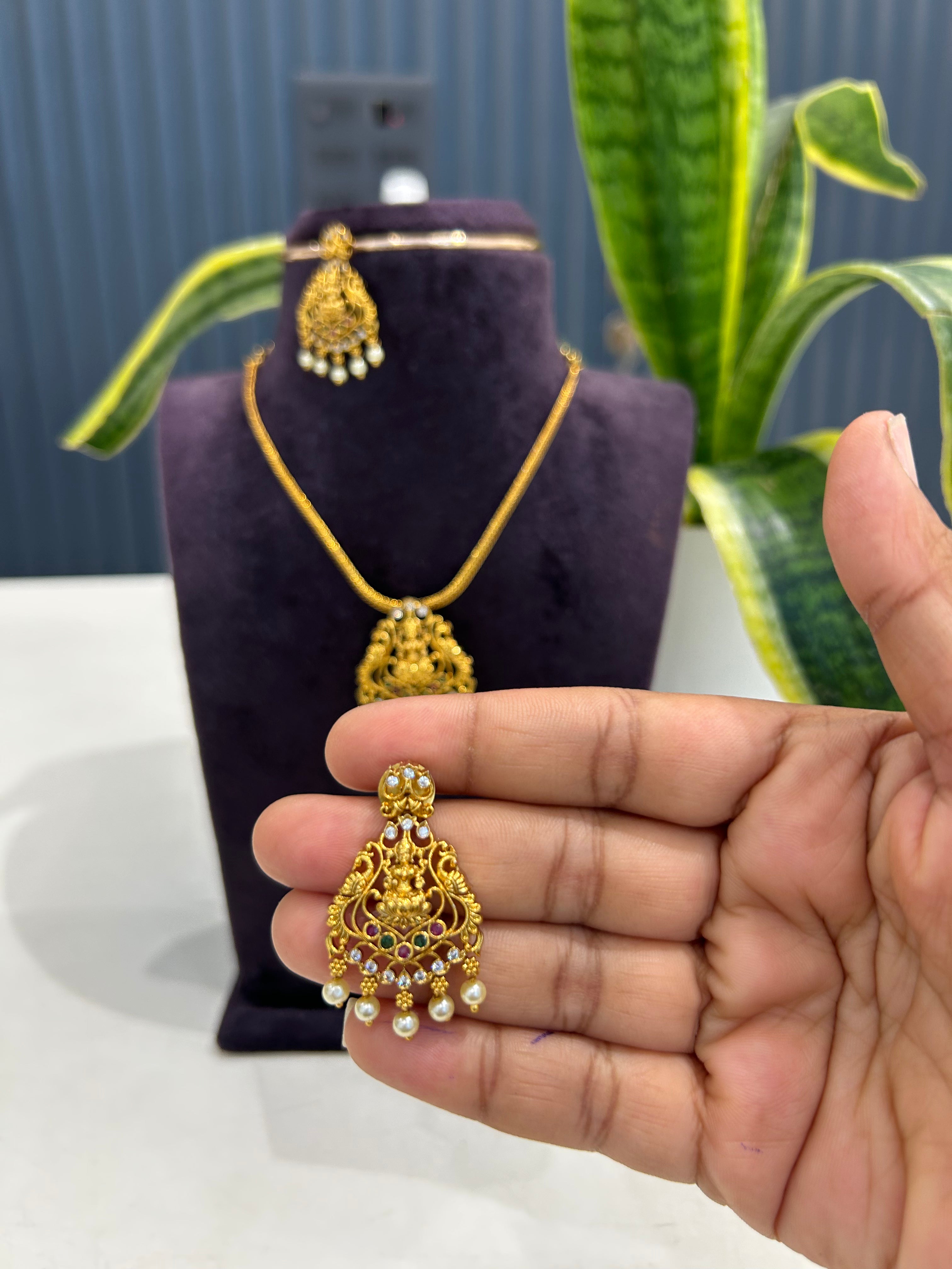 Beautiful Lakshmi devi pendant nanpatti necklace with pushback earrings