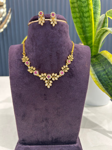 Beautiful simple pink & white stones necklace with pushback earrings