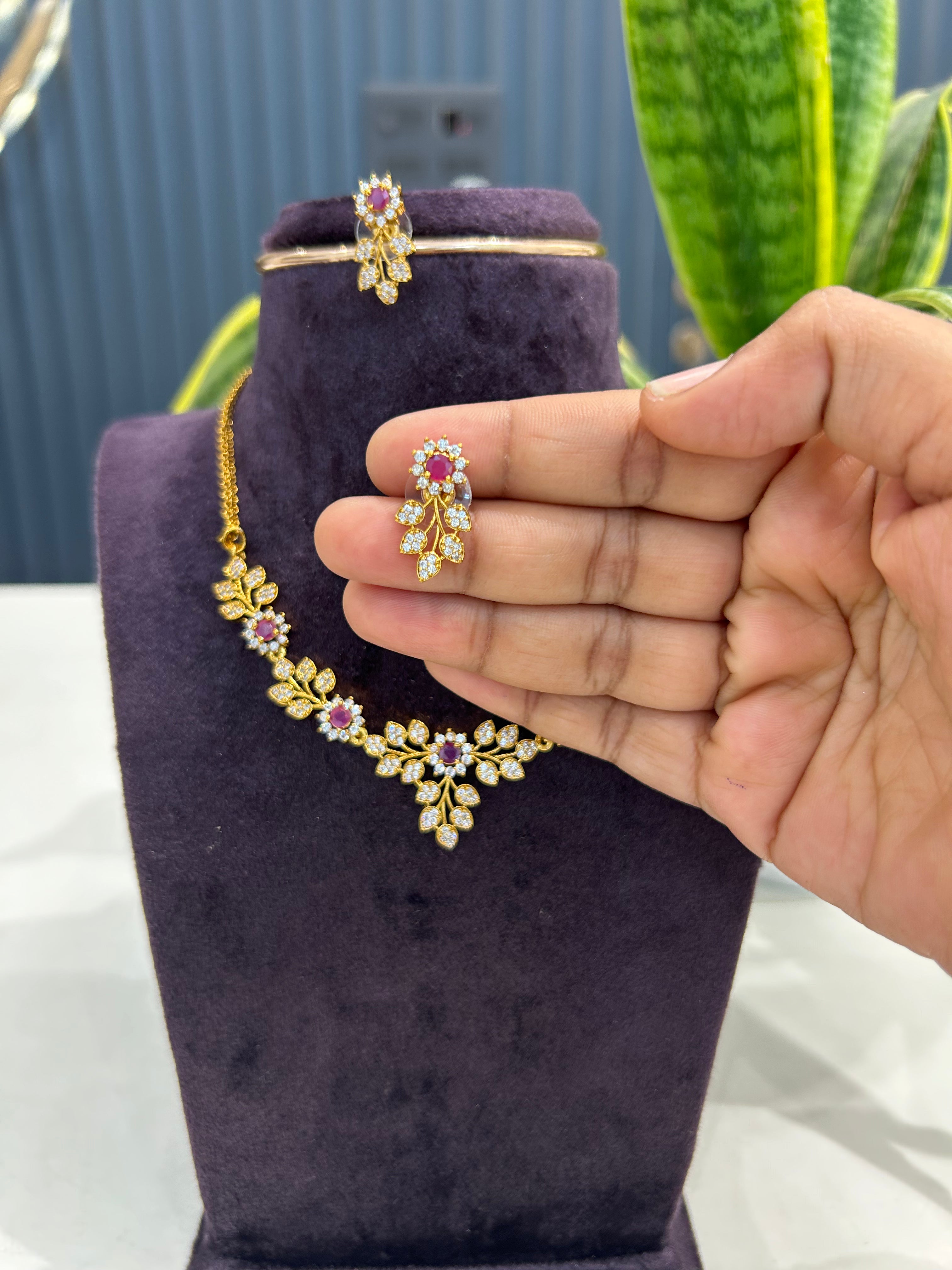 Beautiful simple pink & white stones necklace with pushback earrings