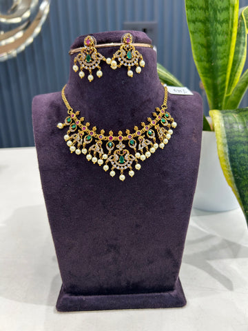 Beautiful pota stone peacock design necklace with pushback earrings