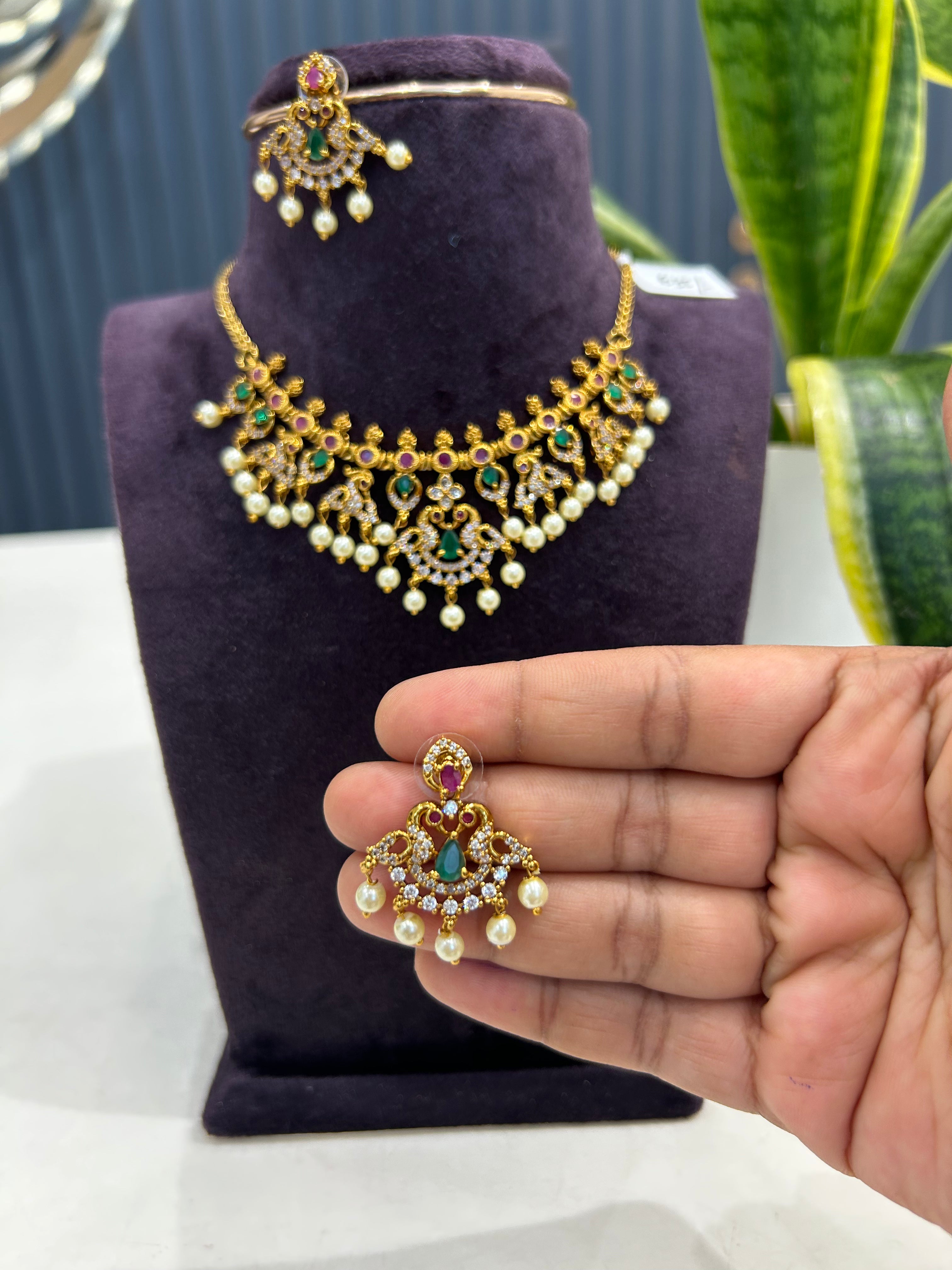 Beautiful pota stone peacock design necklace with pushback earrings
