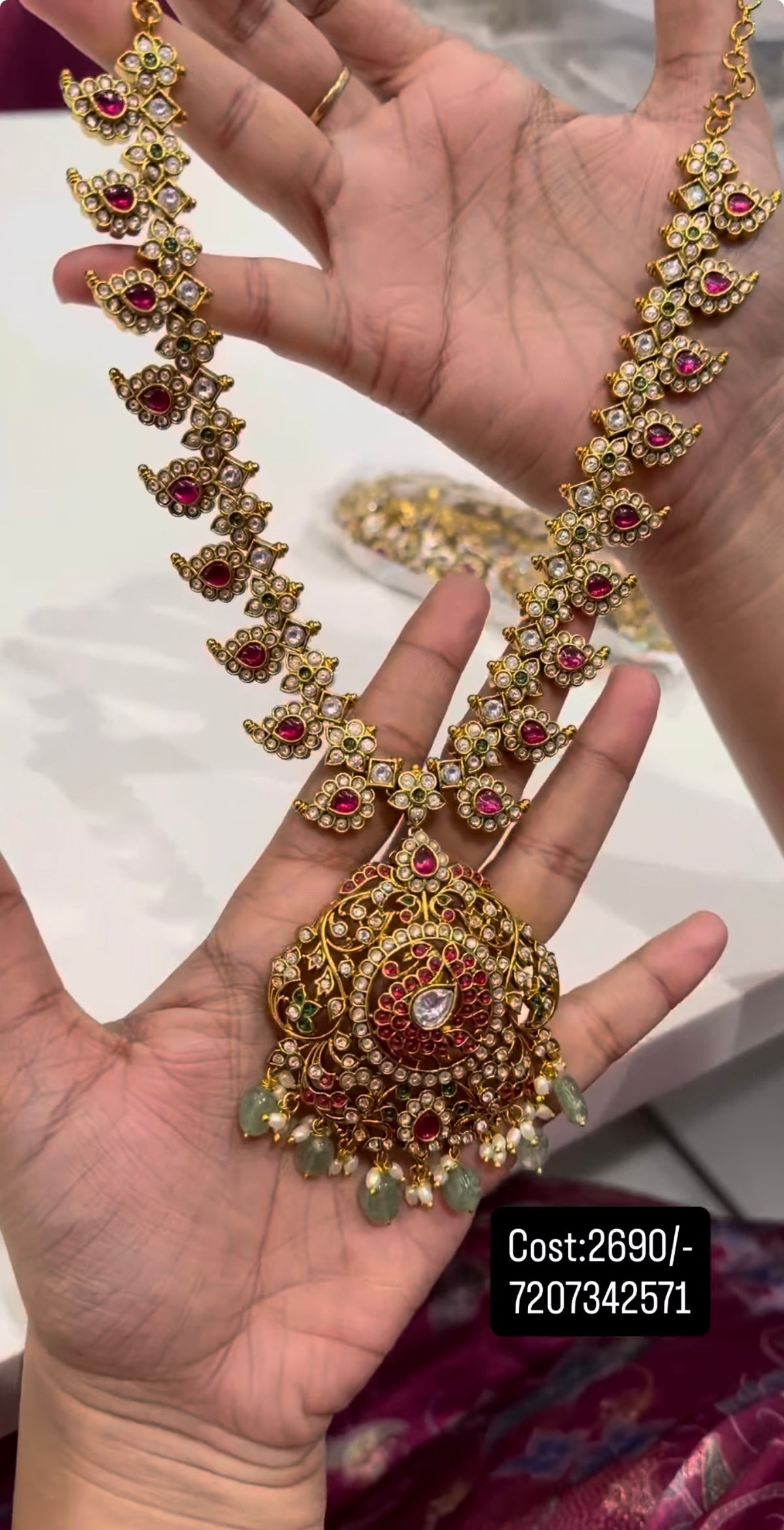 Beautiful pink stones mango design necklace with pushback hangings