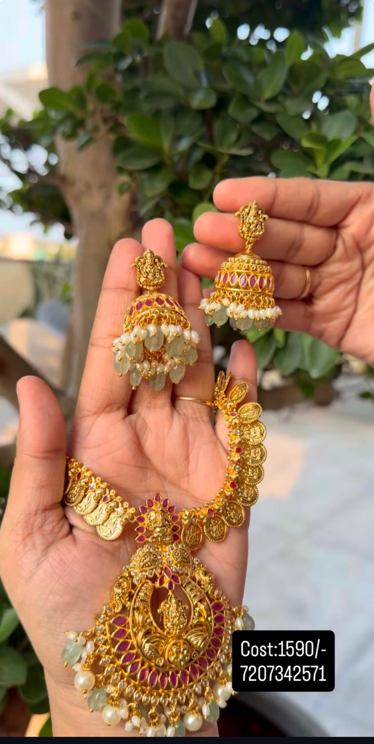 Beautiful pota stone pendant kasula model necklace with pushback jumkis