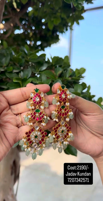 Beautiful jadau stone ear hangings with screwback