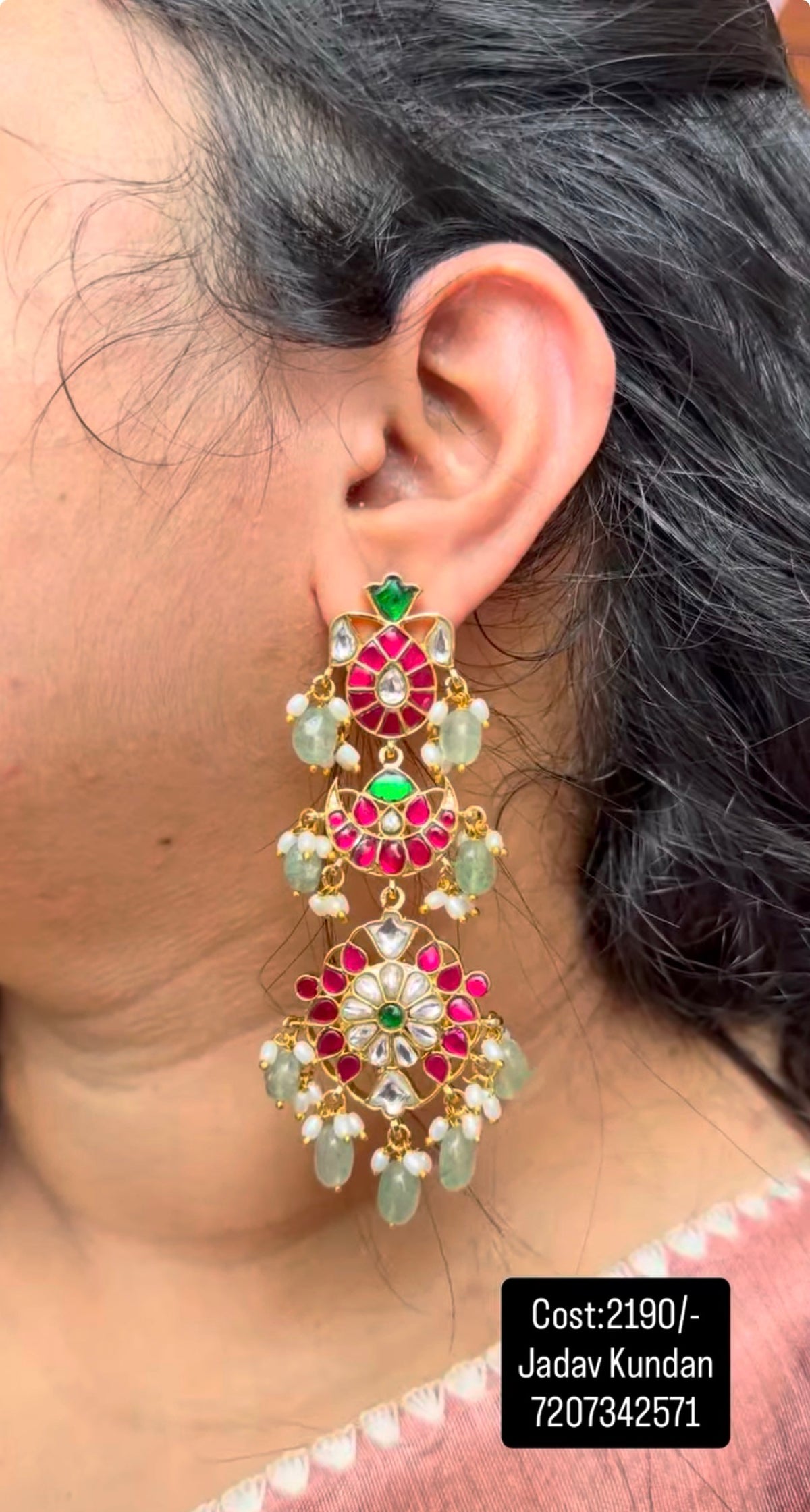 Beautiful jadau stone ear hangings with screwback