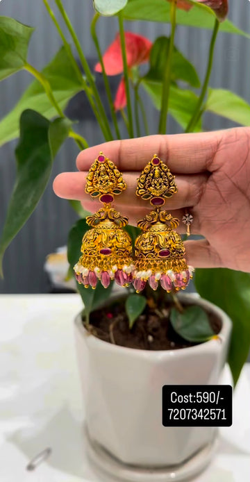 Beautiful Lakshmi devi pushback jumkis with beads finishing