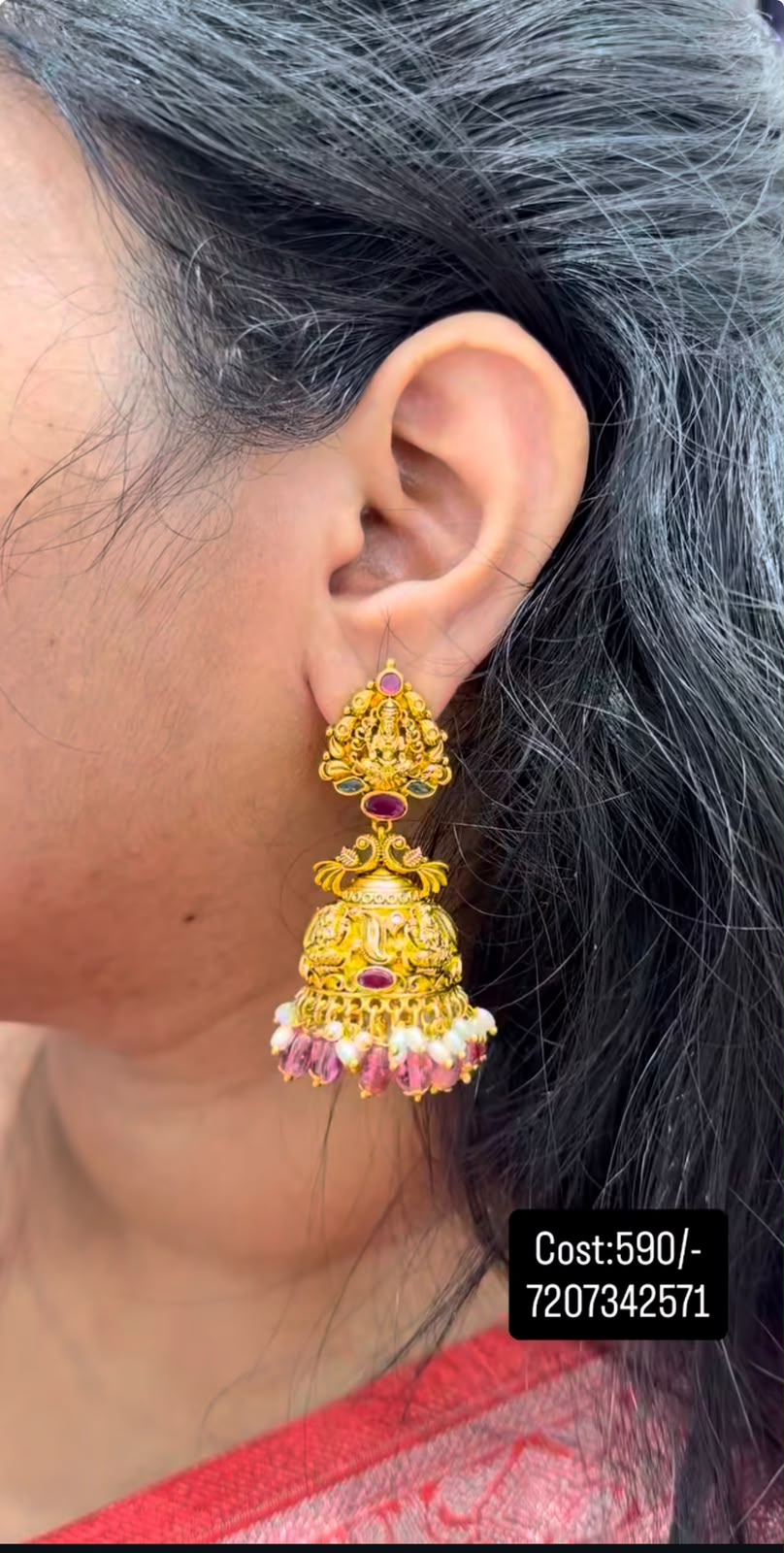 Beautiful Lakshmi devi pushback jumkis with beads finishing