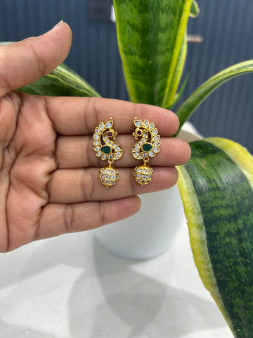Beautiful uncut stone peacock design studs with pushback
