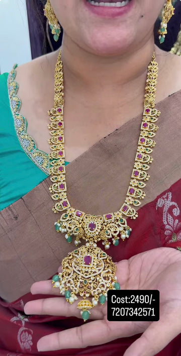 Beautiful pink stones peacock design long haram with pushback earrings