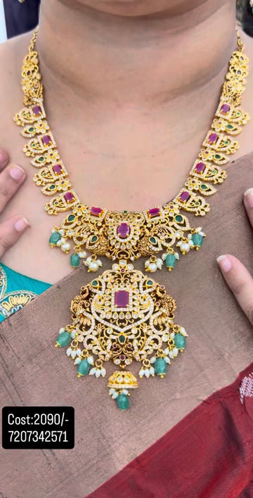 Beautiful pink stones peacock design necklace with pushback earrings