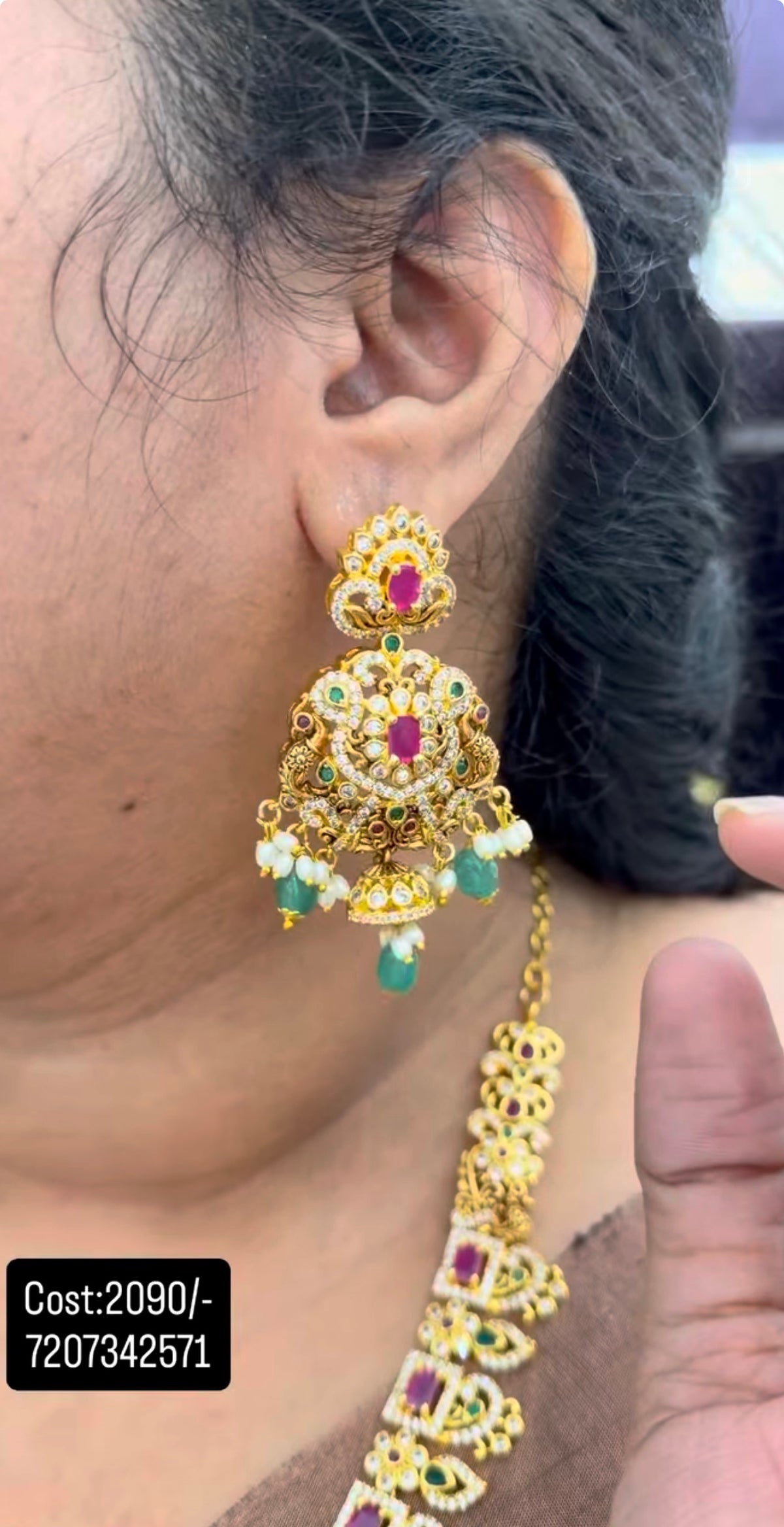 Beautiful pink stones peacock design long haram with pushback earrings