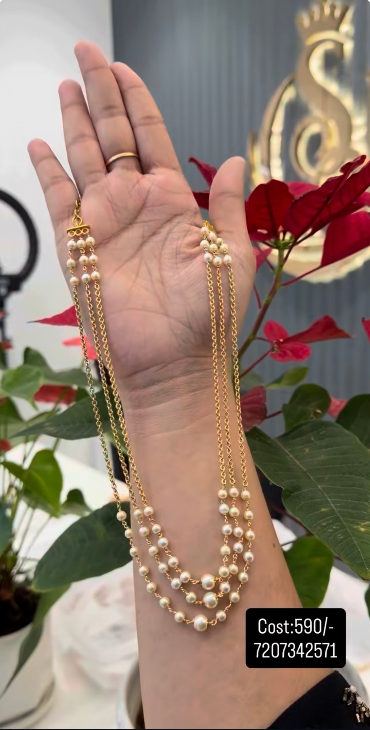 Beautiful handmaking 3 layers pearls & chandraharam chain 24 inchs long