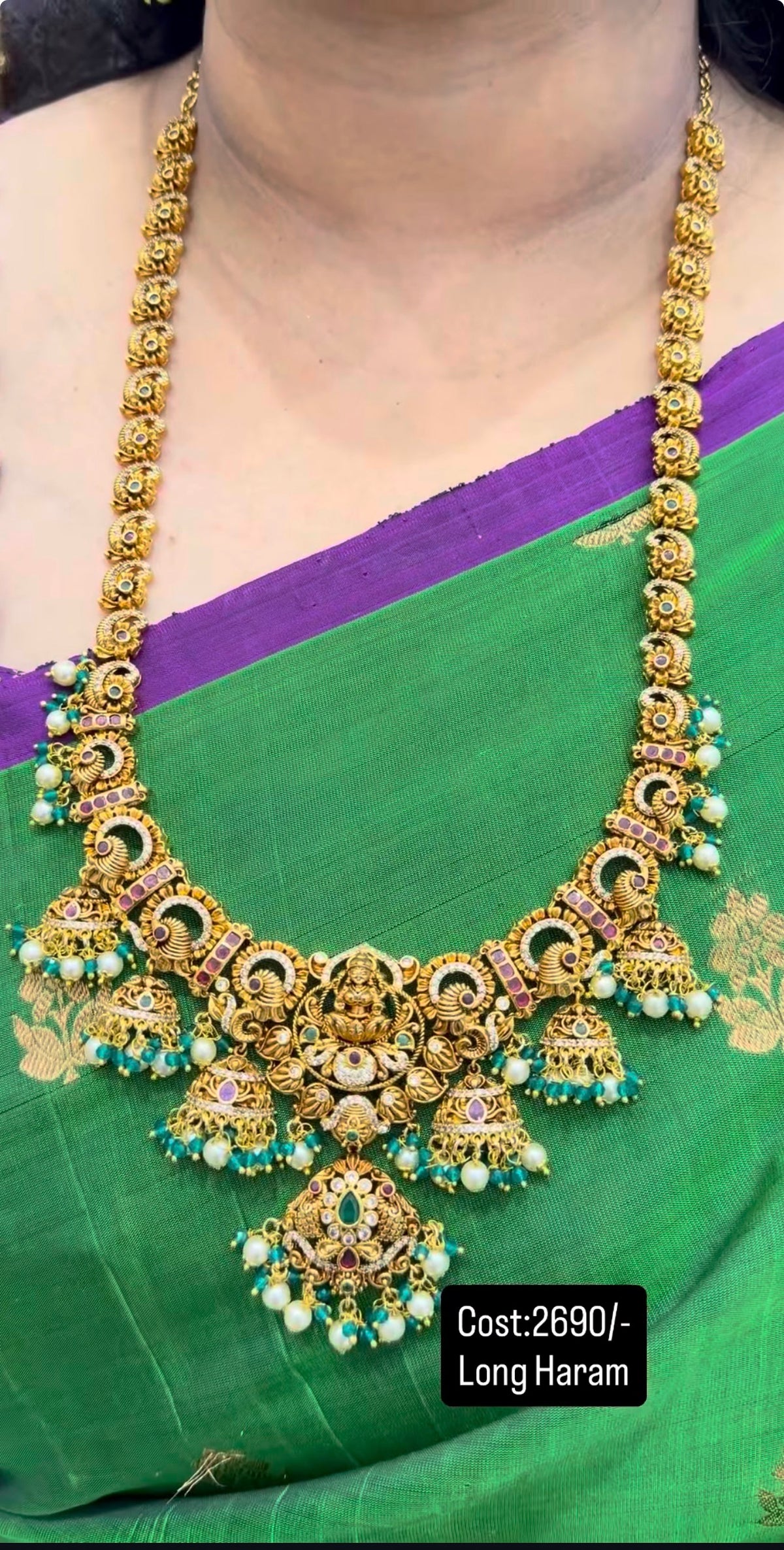 Beautiful pota stone Lakshmi devi long haram with pushback hanging