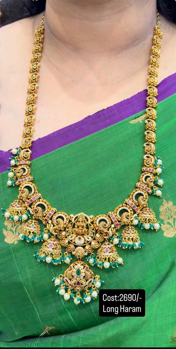 Beautiful pota stone Lakshmi devi long haram with pushback hanging