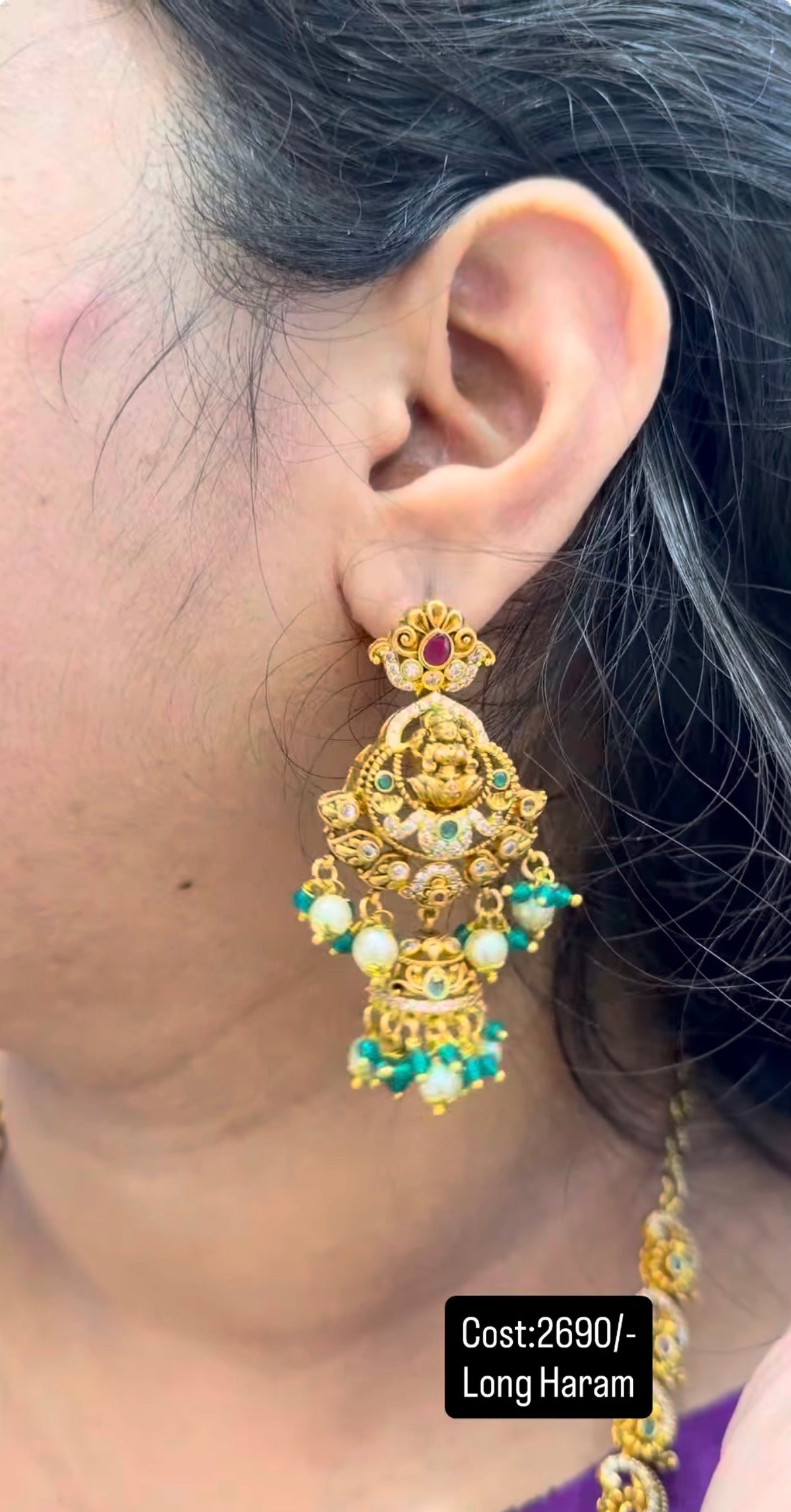 Beautiful pota stone Lakshmi devi long haram with pushback hanging
