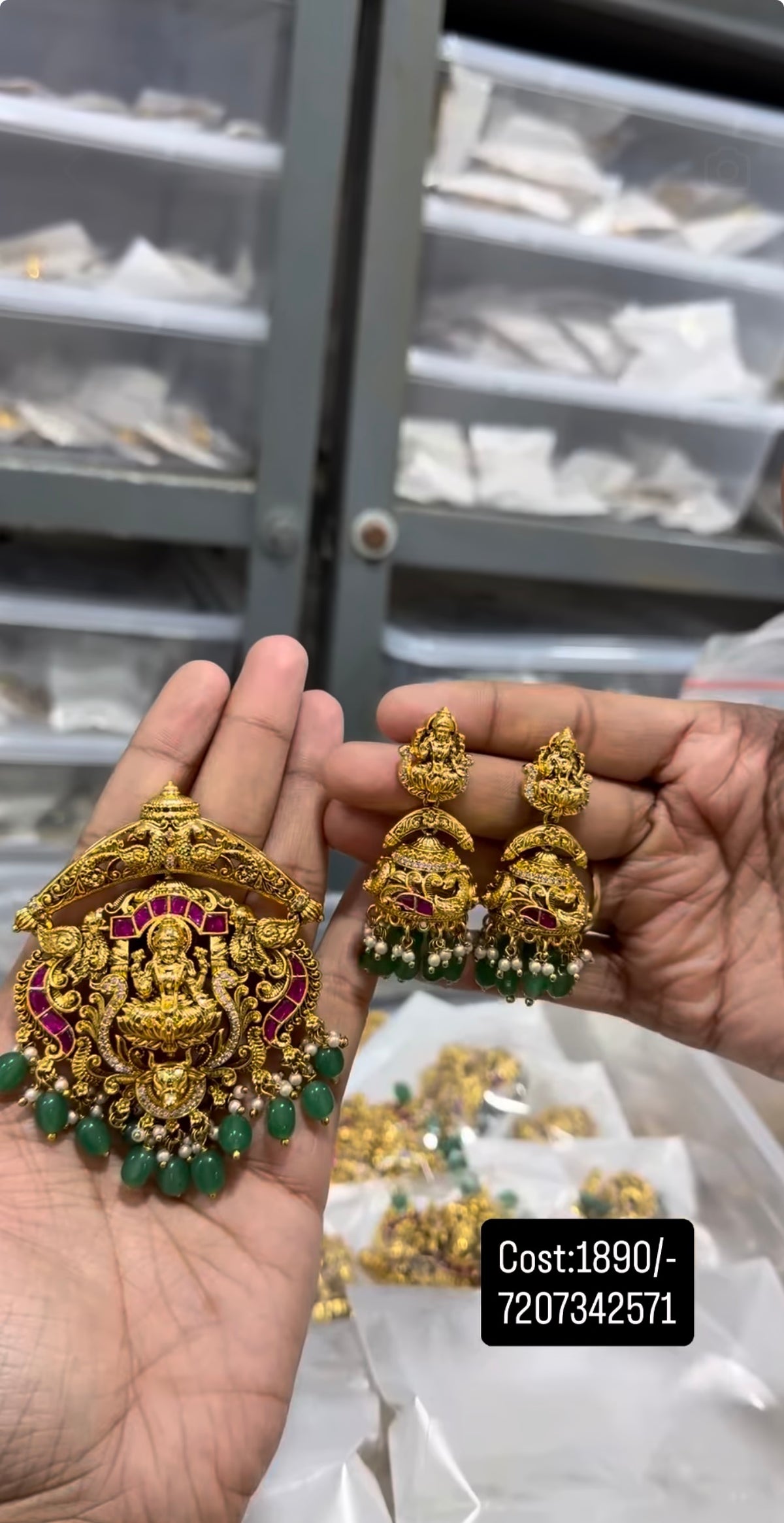 Beautiful jadau stone Lakshmi devi pendant with pushback jumkis