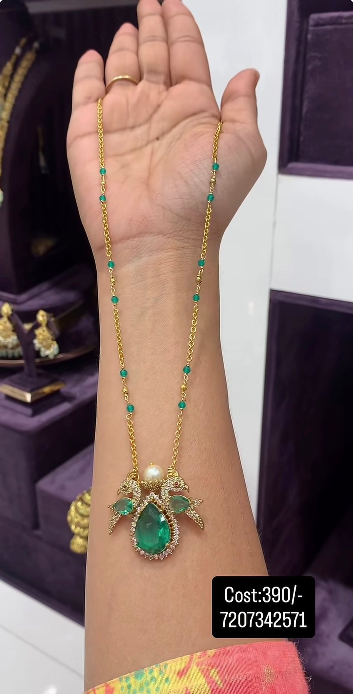 Beautiful green stone parrot design pedant with handmaking chandraharam chain 18 inchs long