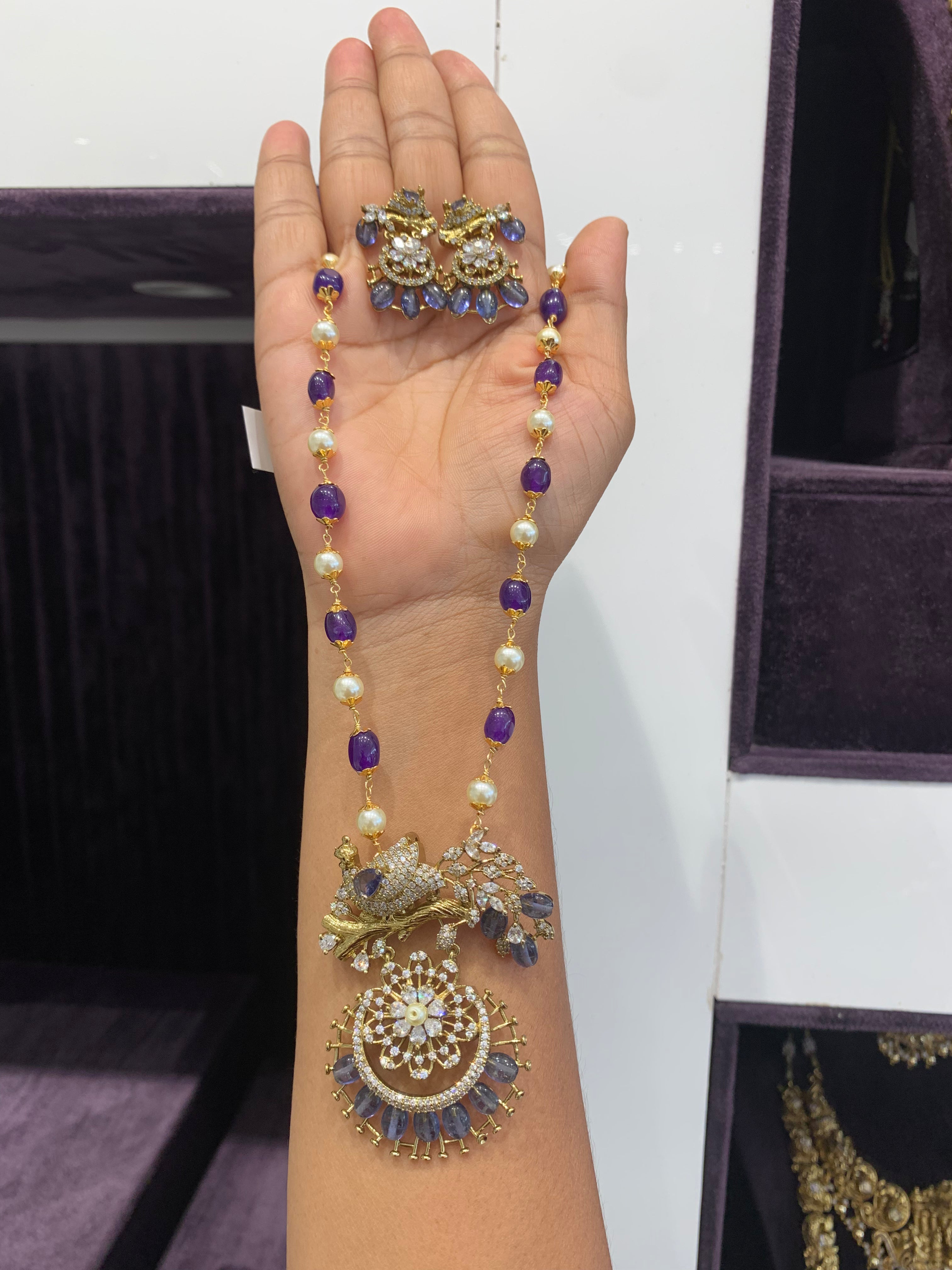 Beautiful purple color peacock design pendant with beads mala 18 to 20 inchs