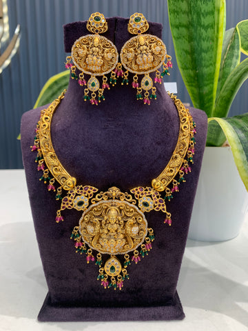 Beautiful Lakshmi devi kanti model necklace with pushback ear hangings