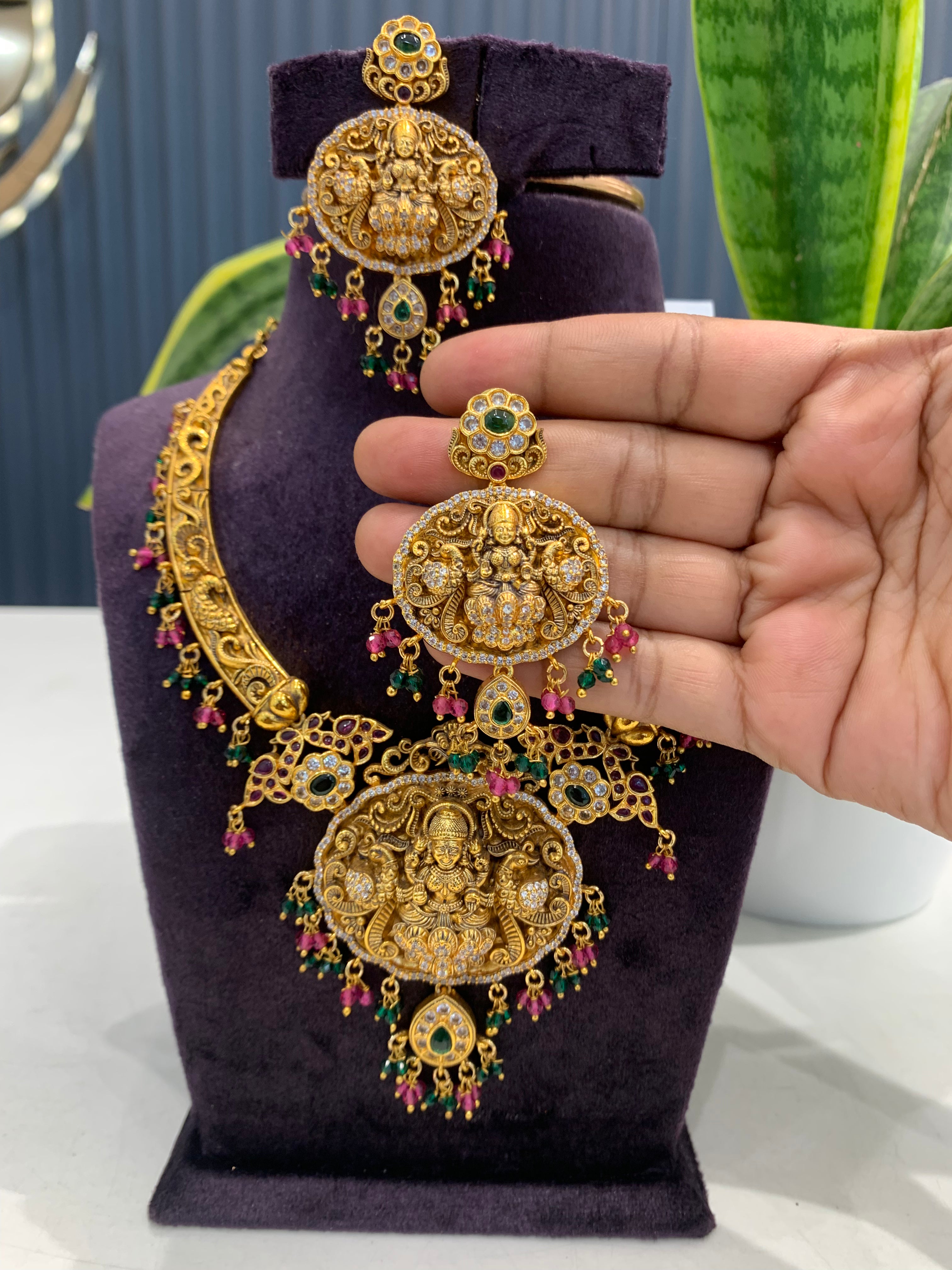 Beautiful Lakshmi devi kanti model necklace with pushback ear hangings