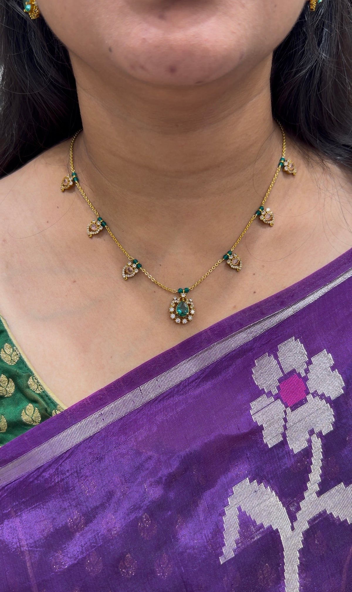 Beautiful green stone pendants chandraharam chain neckset with pushback earrings