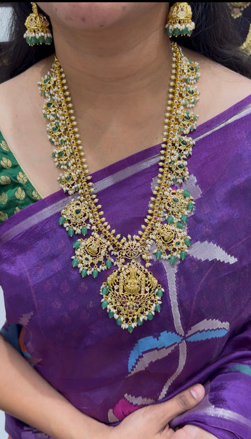 Beautiful pota stone, Lakshmi devi  long haram with pushback jumkis