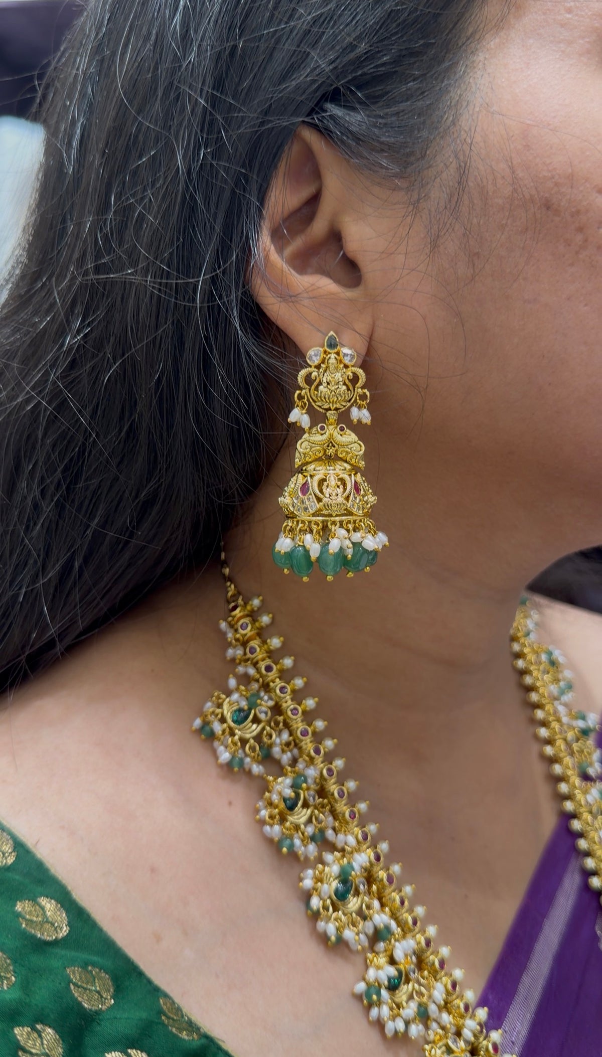 Beautiful pota stone, Lakshmi devi  long haram with pushback jumkis