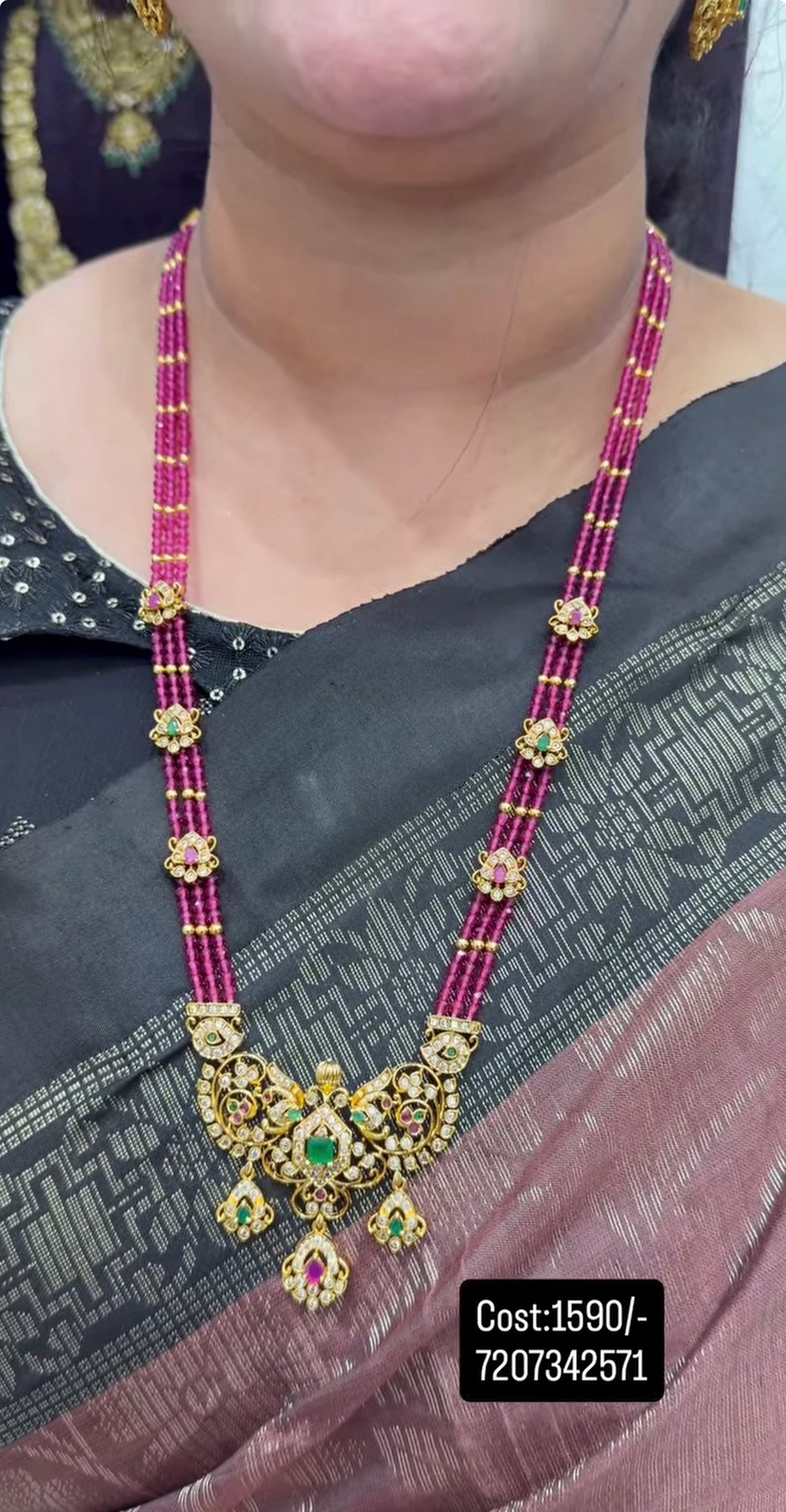 Beautiful uncut stones pendant with CZ crystal beads  mala