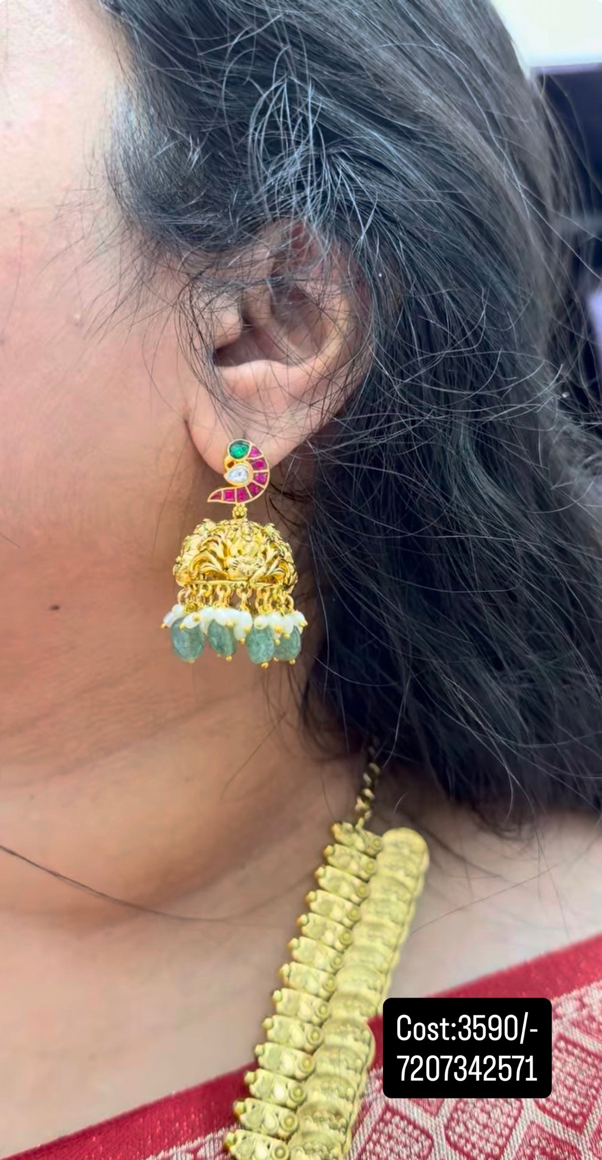 Beautiful jadau kundhan kasula model haram with pushback jumkis