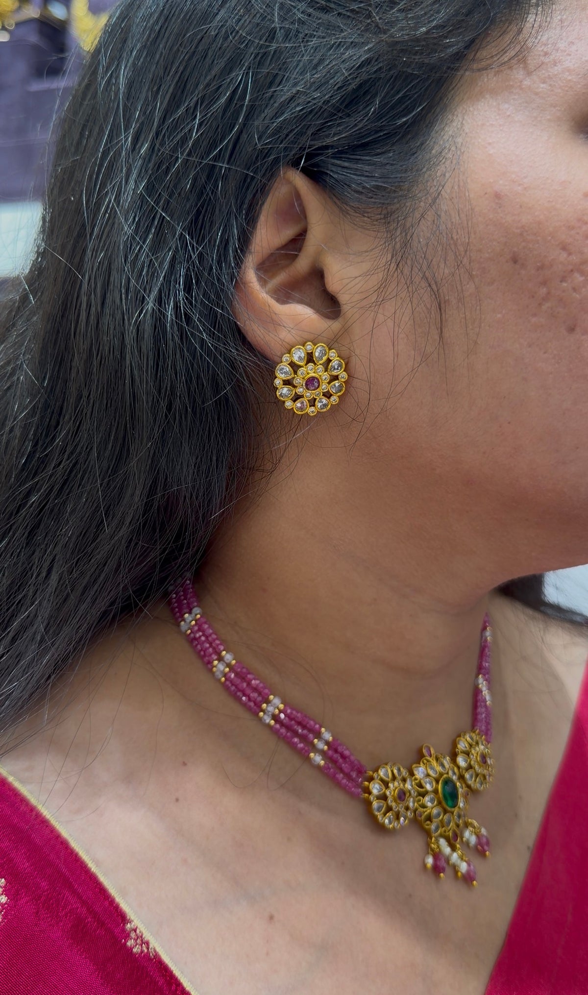 Beautiful uncut stones pendent set with Pink colour CZ crystal beads chocker