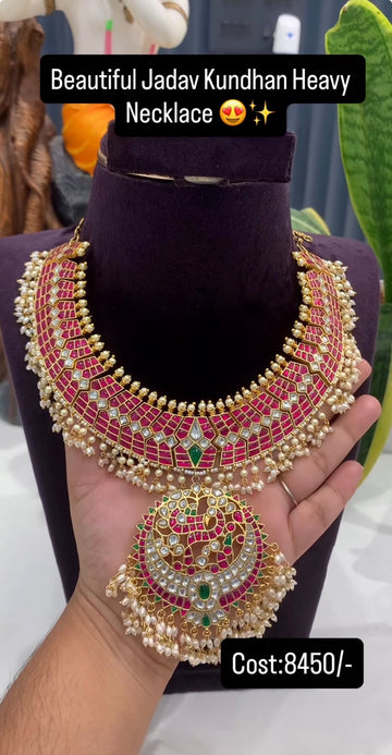 Beautiful jadau kundhan heavy necklace with pearls finishing