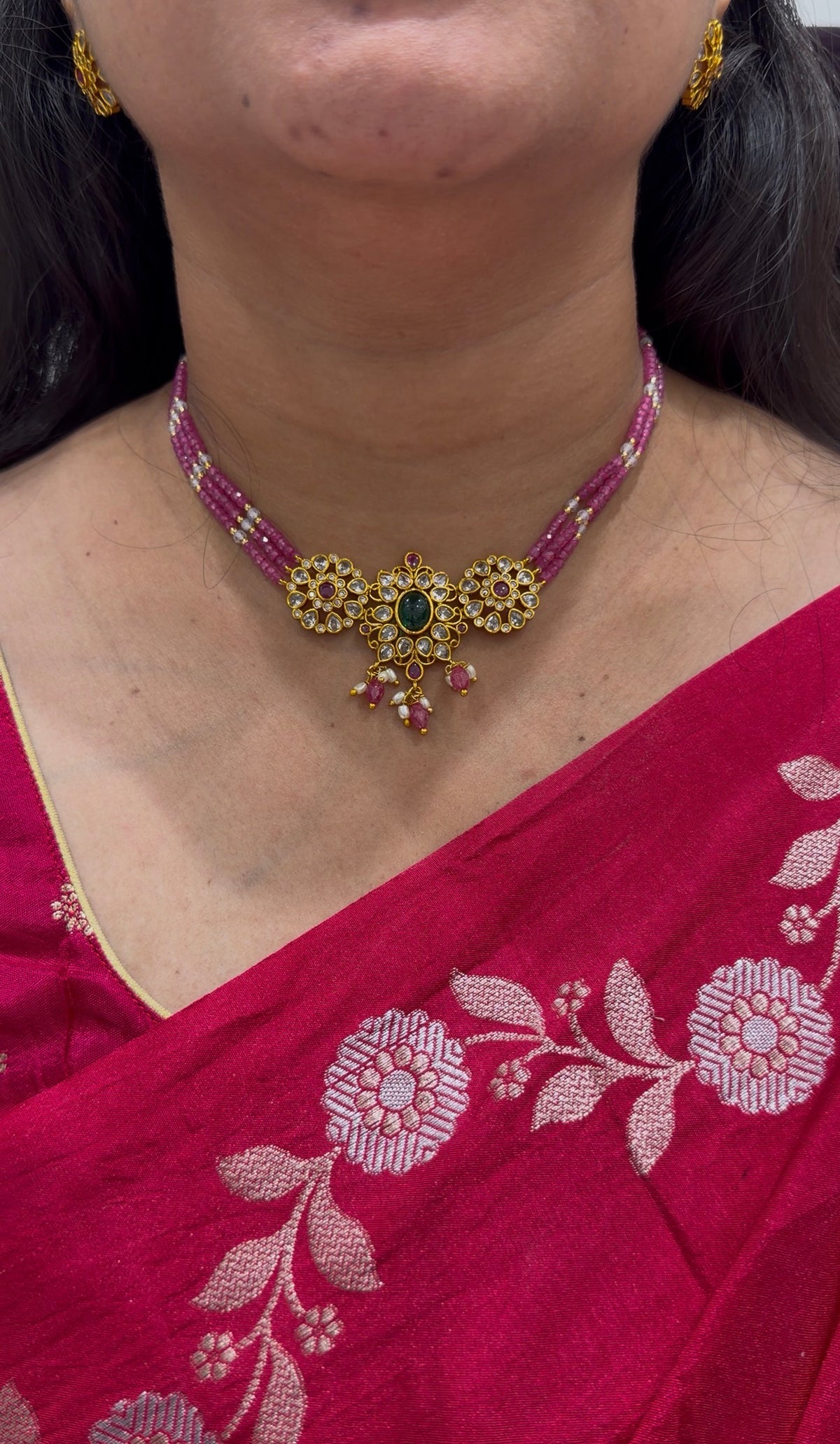 Beautiful uncut stones pendent set with Pink colour CZ crystal beads chocker