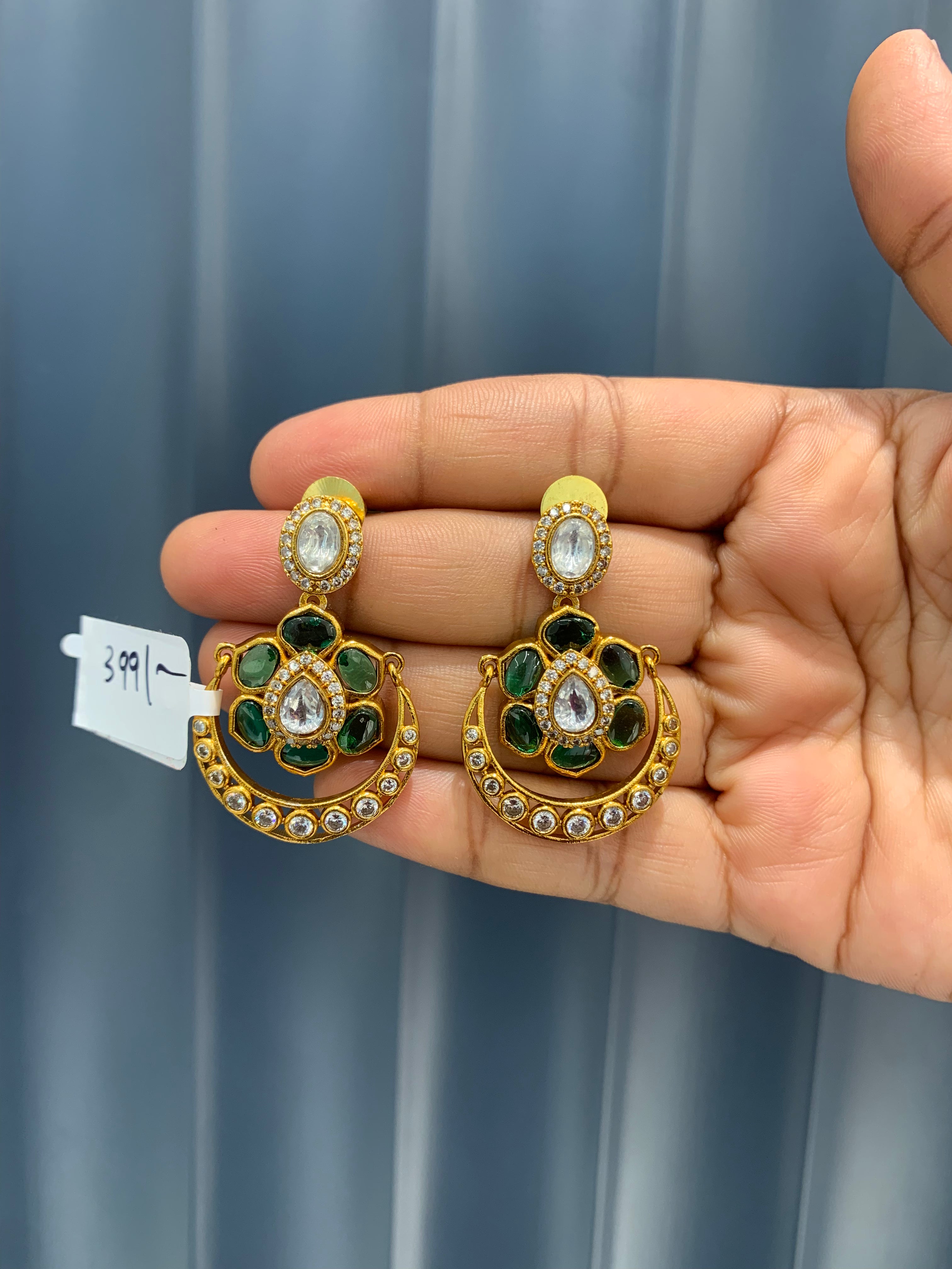 Beautiful green stone chanbali earrings with pushback
