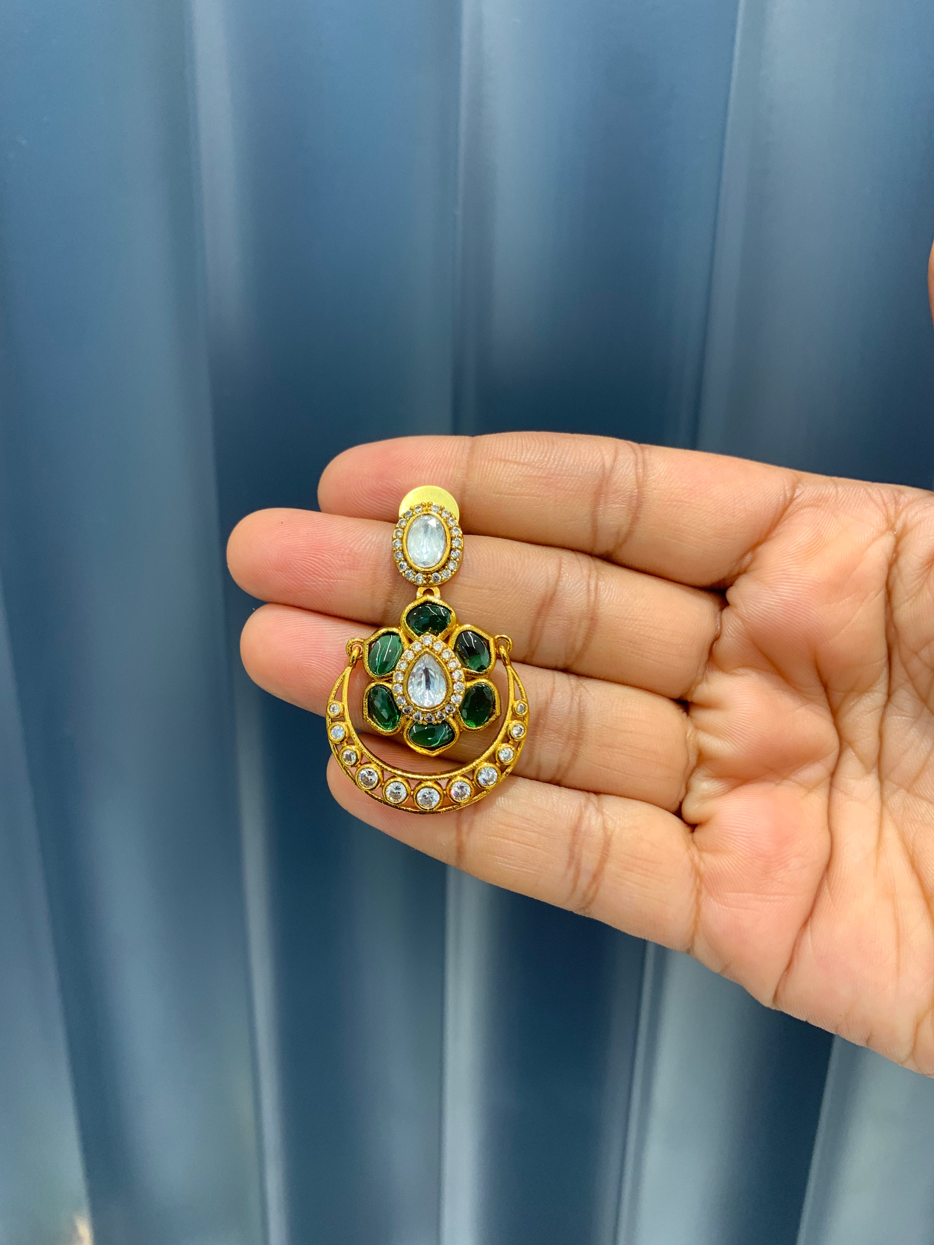 Beautiful green stone chanbali earrings with pushback