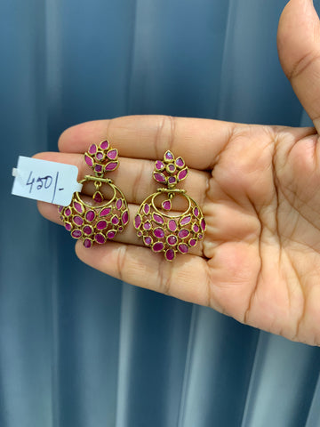 Beautiful pink stone chandbali earrings with pushback