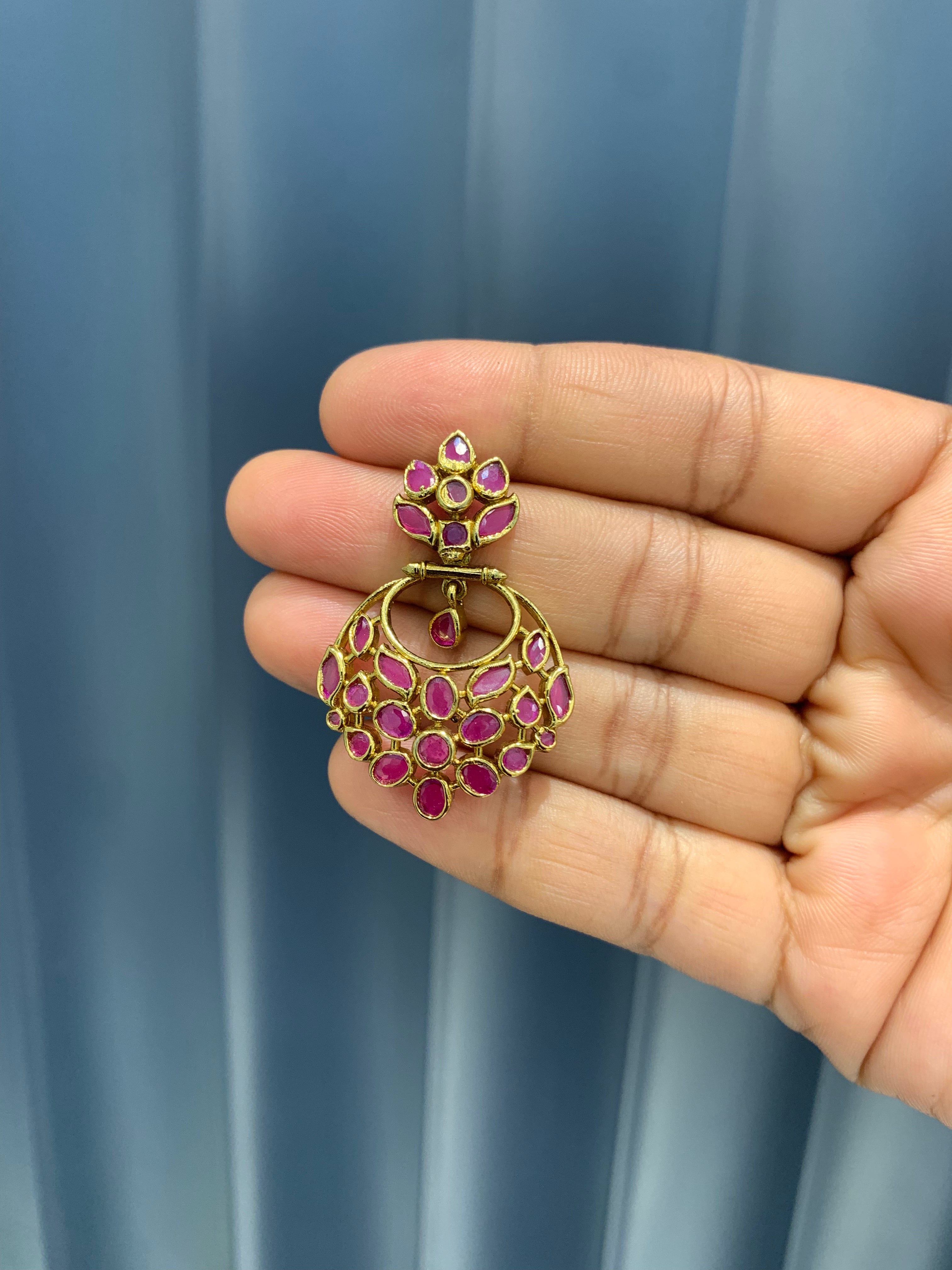 Beautiful pink stone chandbali earrings with pushback