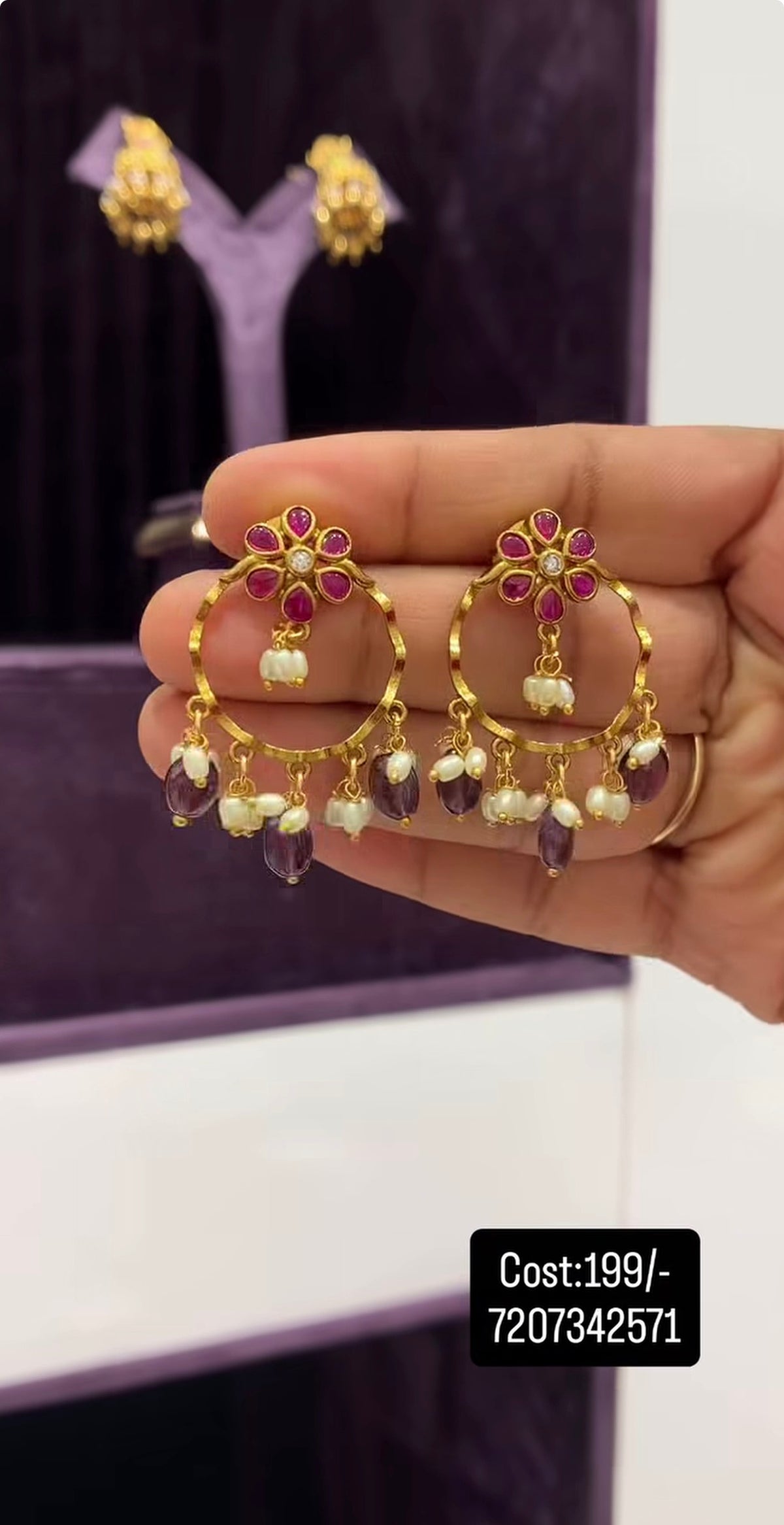 Beautiful purple color beads chandbali earrings with pushback