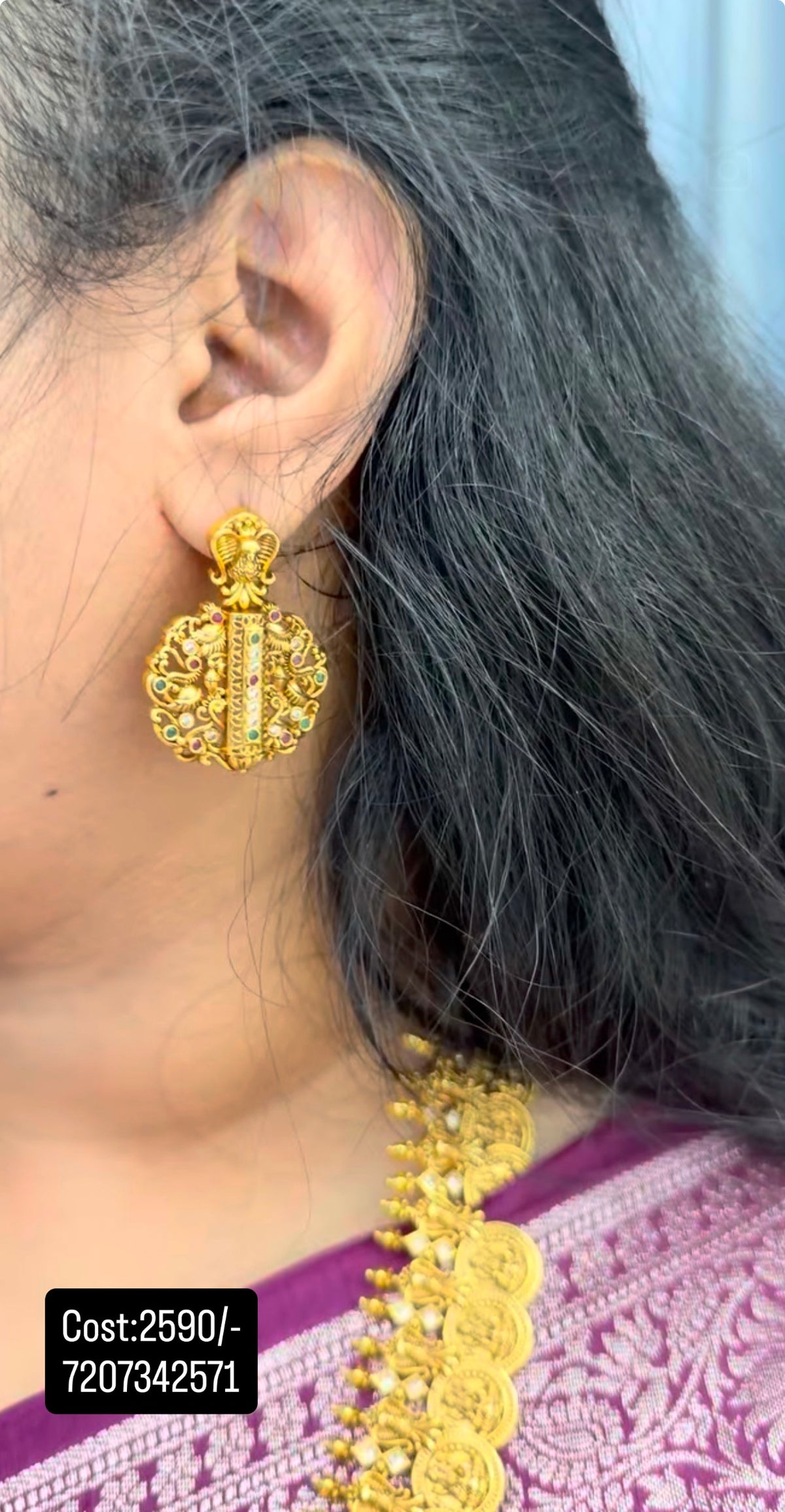 Beautiful Lakshmi devi kasula long haram with pushback ear hangings