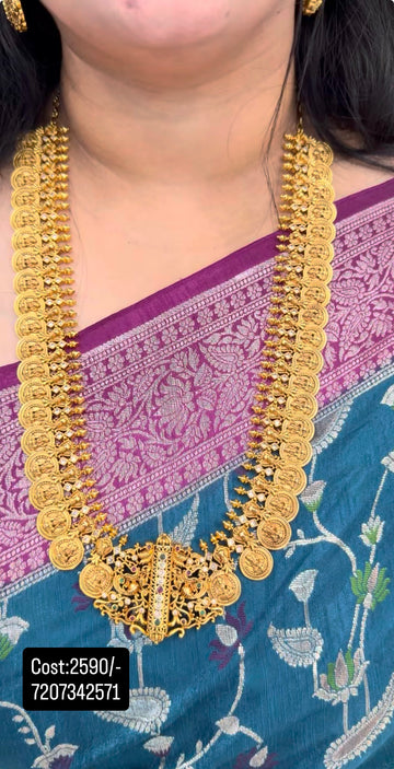 Beautiful Lakshmi devi kasula long haram with pushback ear hangings