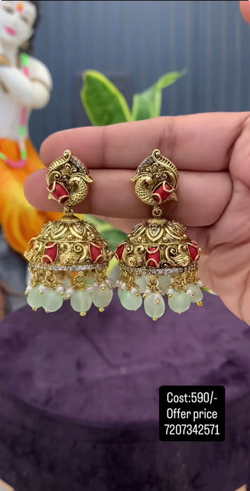 Beautiful peacock design pushback jumkis with beads finishing