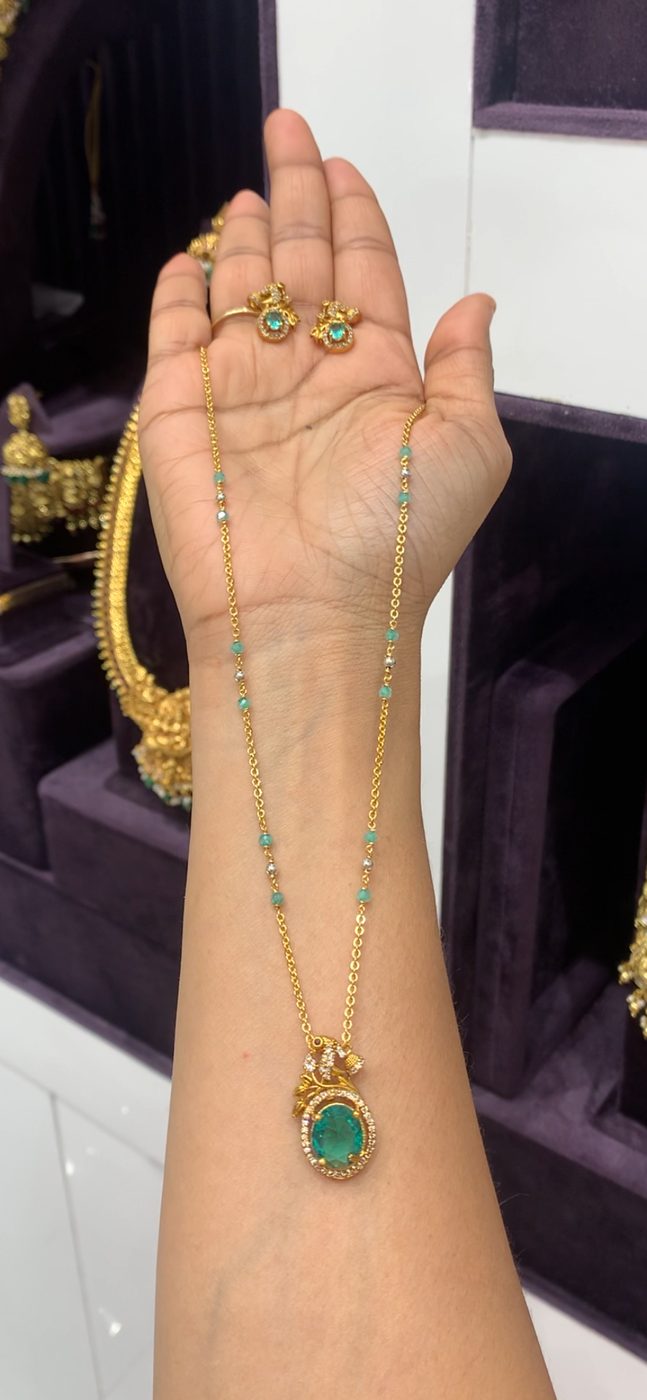Beautiful peacock design pendant set with handmaking chandraharam chain 18 inchs long
