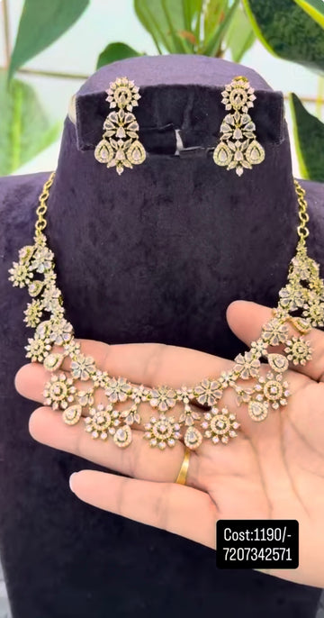 Beautiful CZ white stones necklace with pushback ear hangings