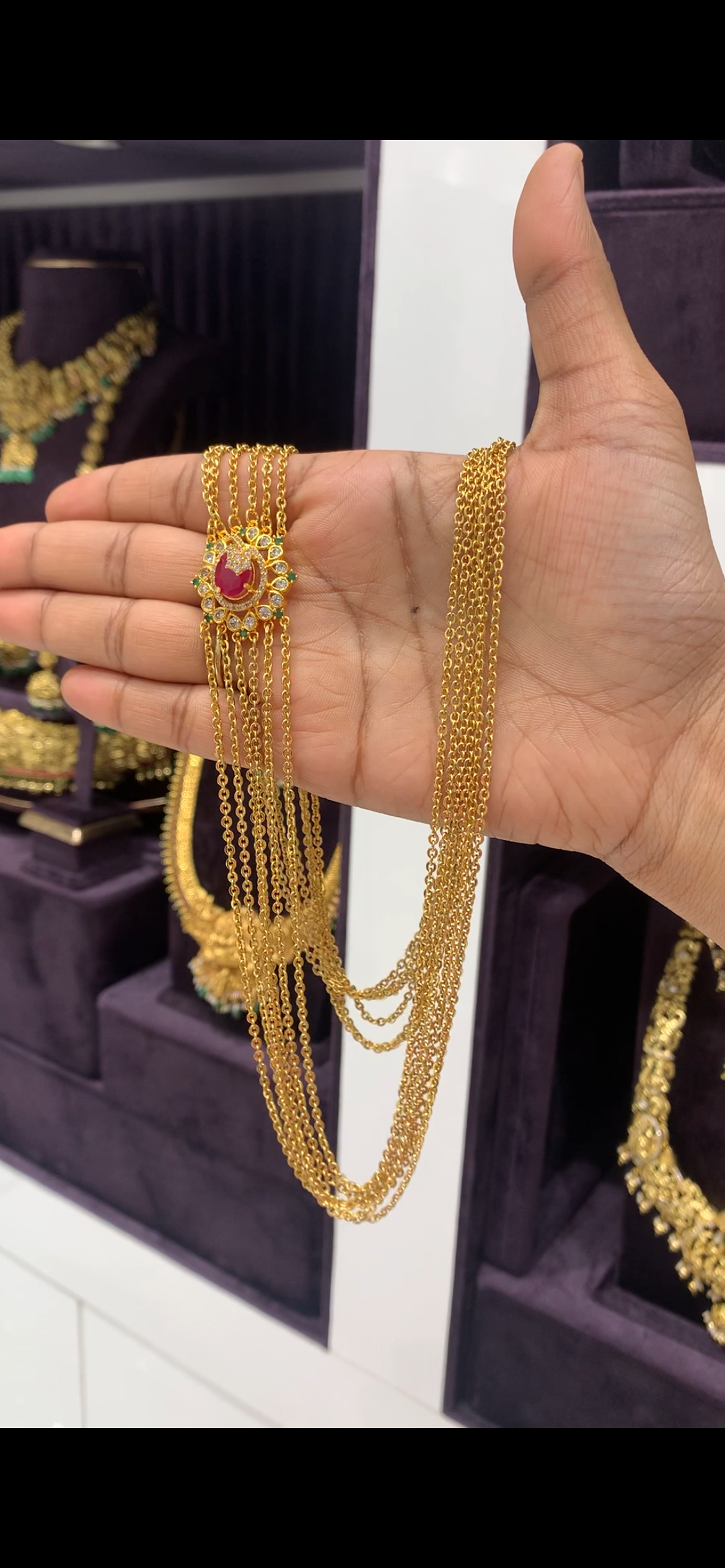 Beautiful CZ stones side pendent with 6 layers chandraharam chain 24 inchs long