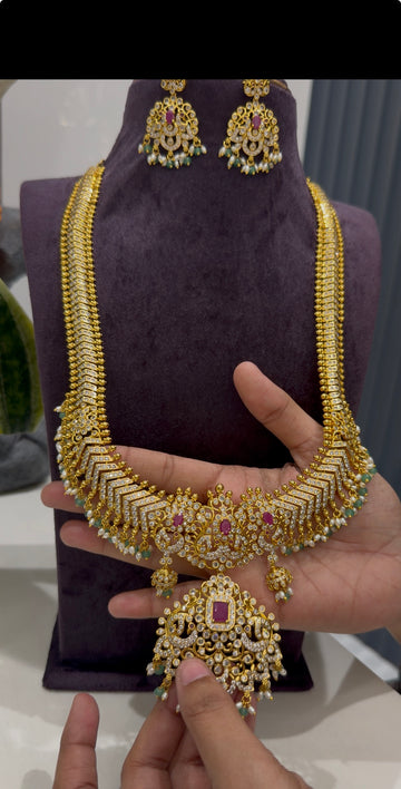 Beautiful CZ stones beads finishing long haram with screwback ear hangings