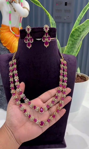 Beautiful CZ ruby stone 2 layers necklace with pushback earrings