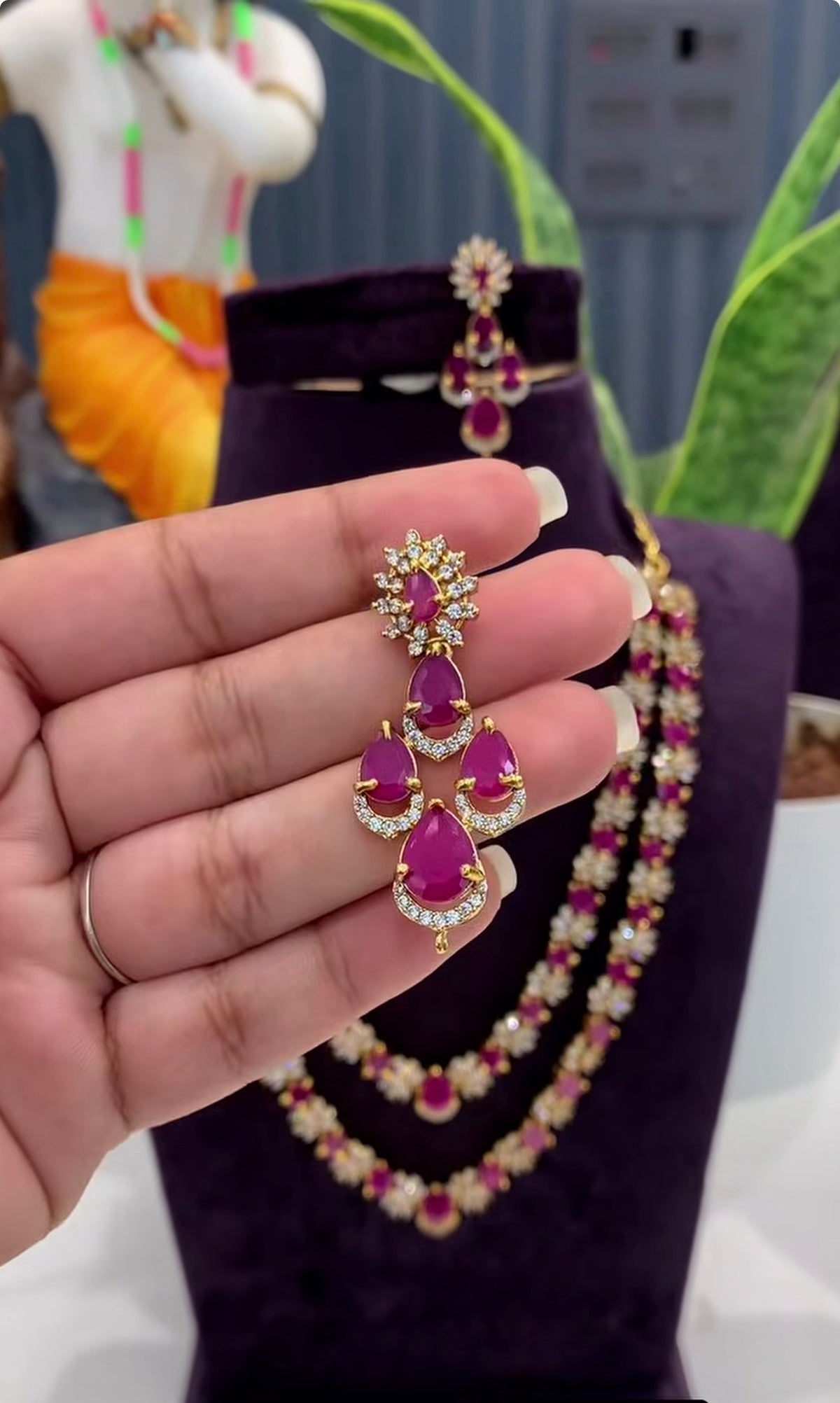 Beautiful CZ ruby stone 2 layers necklace with pushback earrings